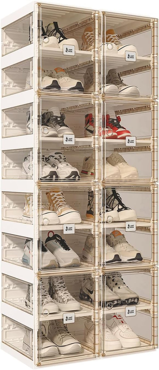 ANTBOX Foldable Shoe Rack,Shoe Organizers for Closet Plastic Shoe Storage Box for Entryway,Living Room,Large Sturdy Stackable Sneaker Cabinet Bins with Magnetic Clear Door 8 Tiers 16 Pairs