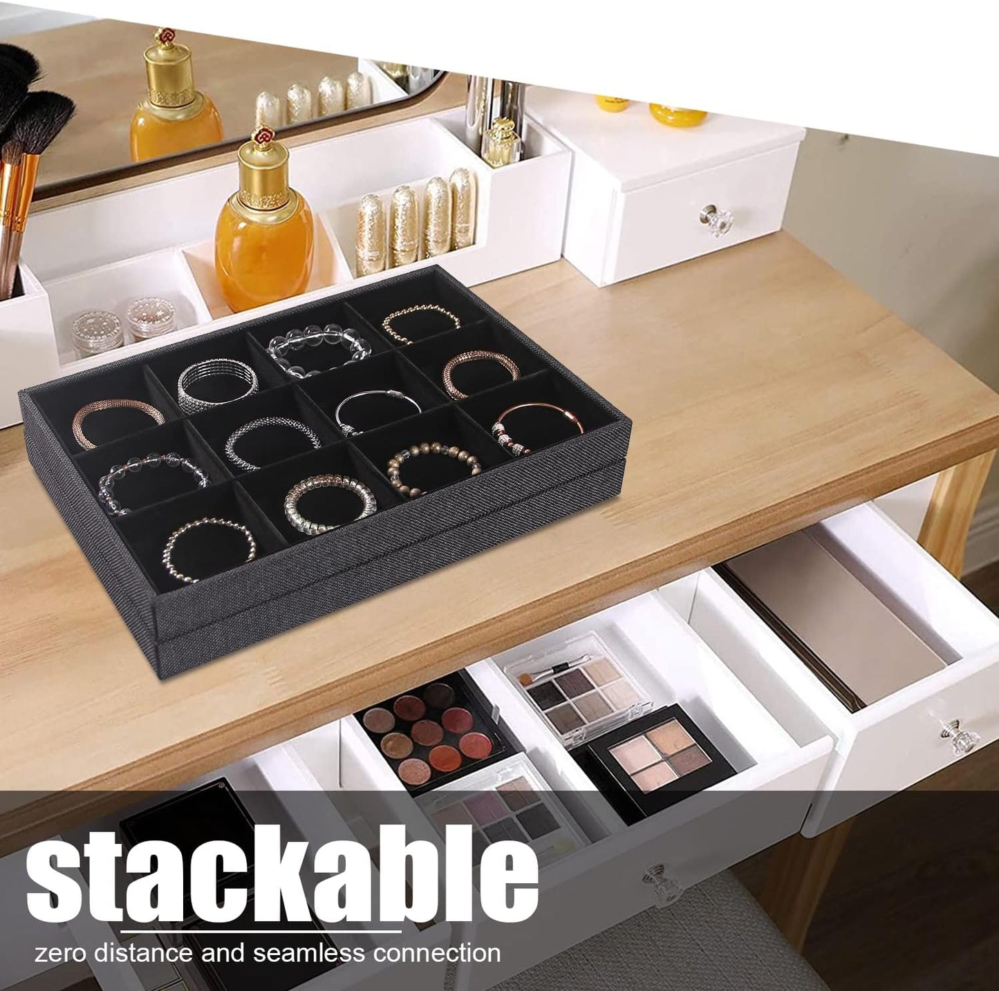 Julysky 2Pcs 12 Grids Stackable Jewelry Organizer Trays for Drawer,Bracelet Holder Box,Necklace Display Stand for Selling