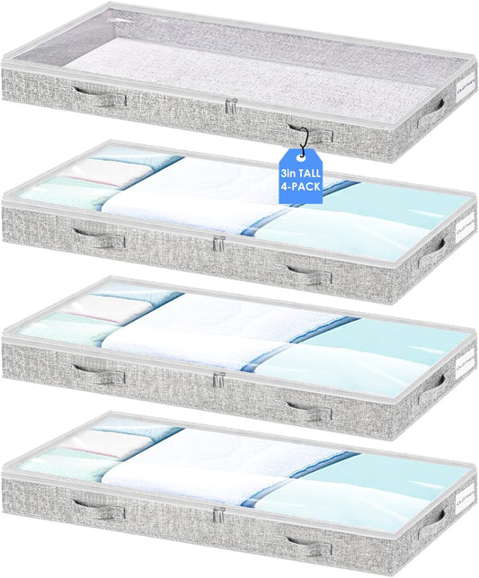 Low Profile Under Bed Storage, 3-Inch High Foldable Underbed Storage Bins with Lid & Zipper, No Structure, Super Slim Clothes Organizer for Crib Dorm Couch Low Bed, 4-Pack, Clear Top