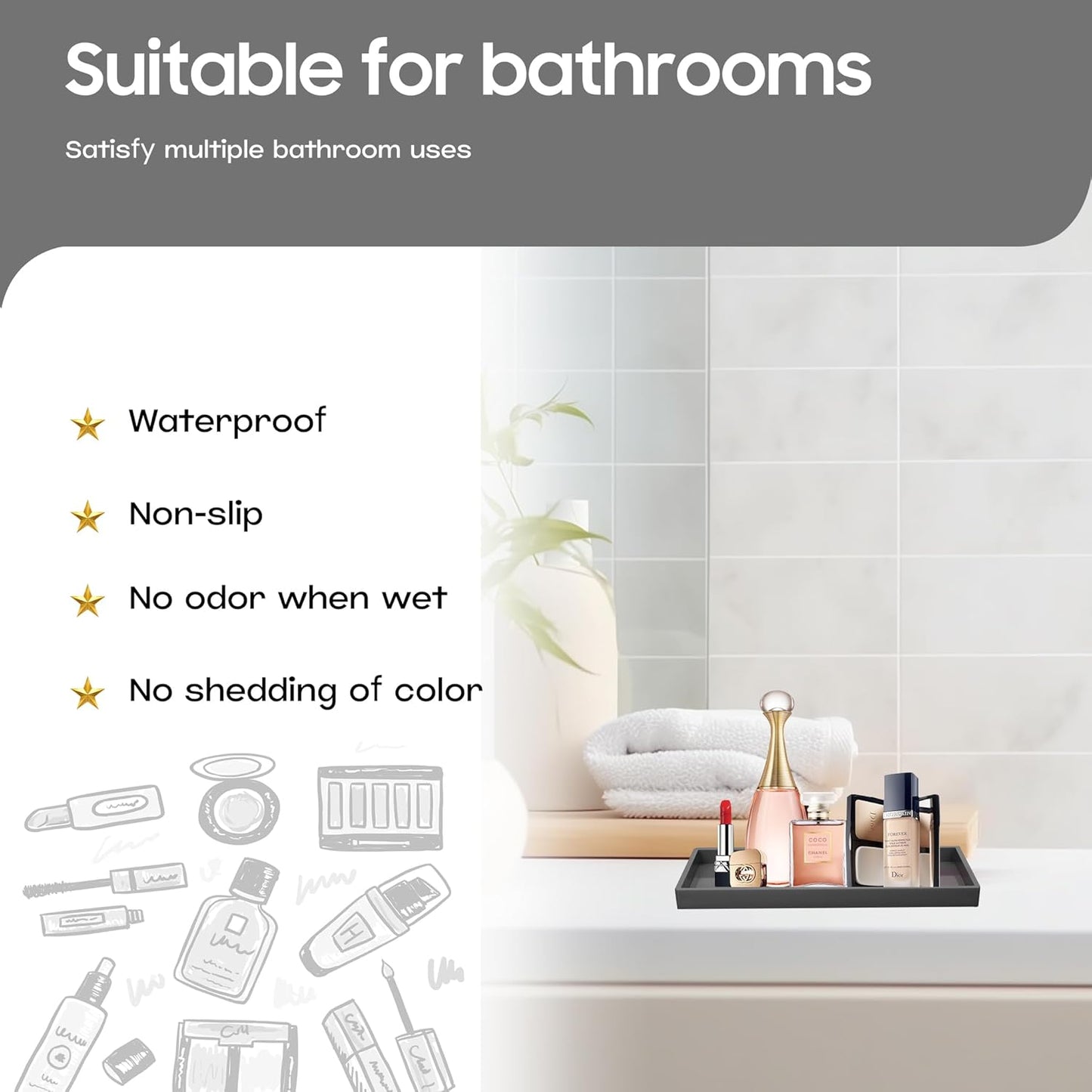 Vanity and Bathroom Tray, 7.7" ABS Countertop Organizer,Waterproof Vanity Tray for Toilet Tank,Perfume,Soap,Keys,Bathroom Accessories,Kitchen and Bath Trays,Non Slip Small Trays,Black,2 Pack