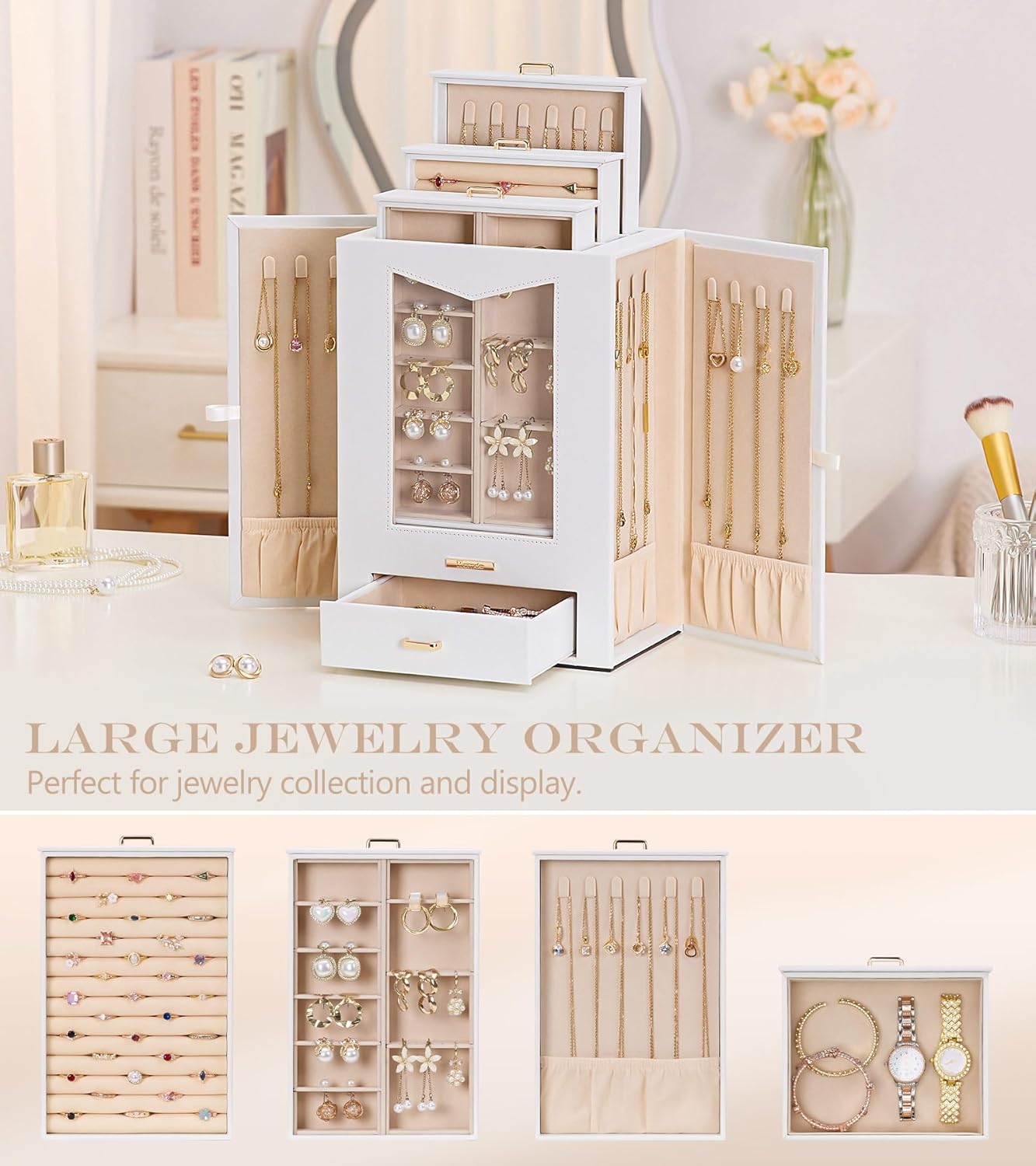 Homde Jewelry Organizer with Transparent Window Necklace Hooks Gift for Women Jewelry Box Display Case for Necklaces Rings Earrings Bracelets and Other Jewelry Accessories (White + Gold)