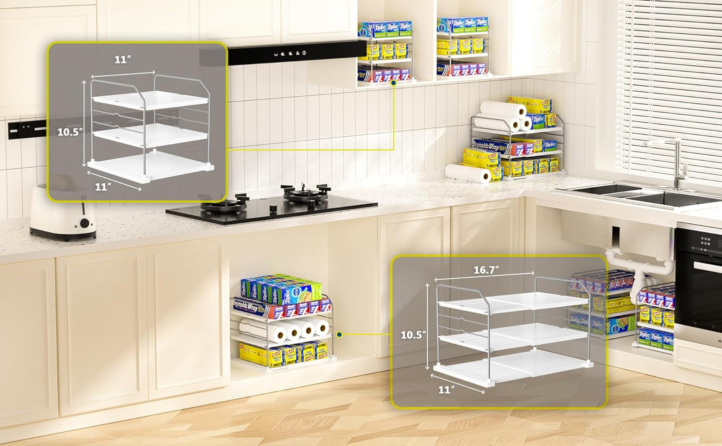 EVERIE Extendable 3-Tier Holder for Heavy Items, Jars, Bottles, Cans, Plastic Bags, Wrap, Foil, Snack and Box for Kitchen,Counter, Cabinets, 11'' to 16.7'' Wide (11“ - 16.7” Wide, Piece, 1)