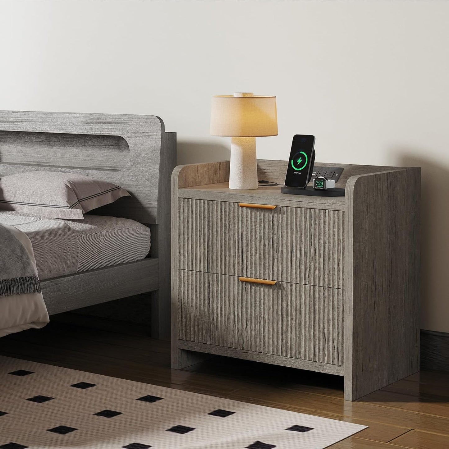 Fluted Nightstand with Charging Station, 23.6" Modern Night Stand with 2 Drawers, Side Table with Storage, Bedside Table for Bedroom, Living Room, Grey