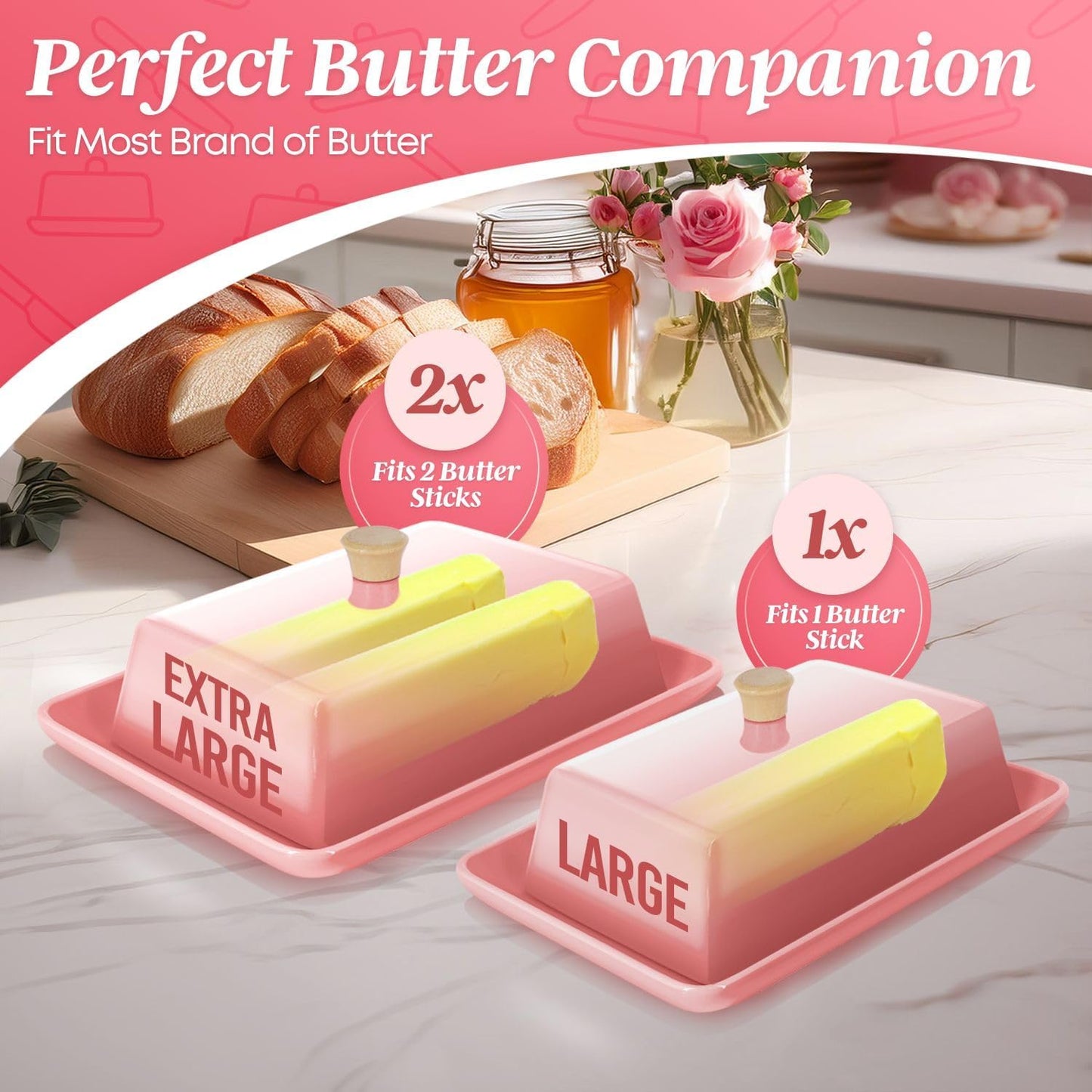 Flexzion Ceramic Pink European Butter Dish with Lid for Countertop (7 Inch) - Wide 2 Stick Double Butter Holder for Counter, Cream Cheese Container Storage Keeper