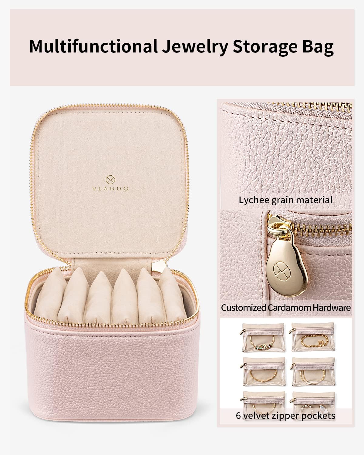 Vlando Jewelry Box with 6 Velvet Jewelry Bags Travel Jewelry Storage Box for Women Girl Jewelry Organizer Necklace Rings Earrings Bags Wedding Gifts Christmas Gifts for Women(Pink)