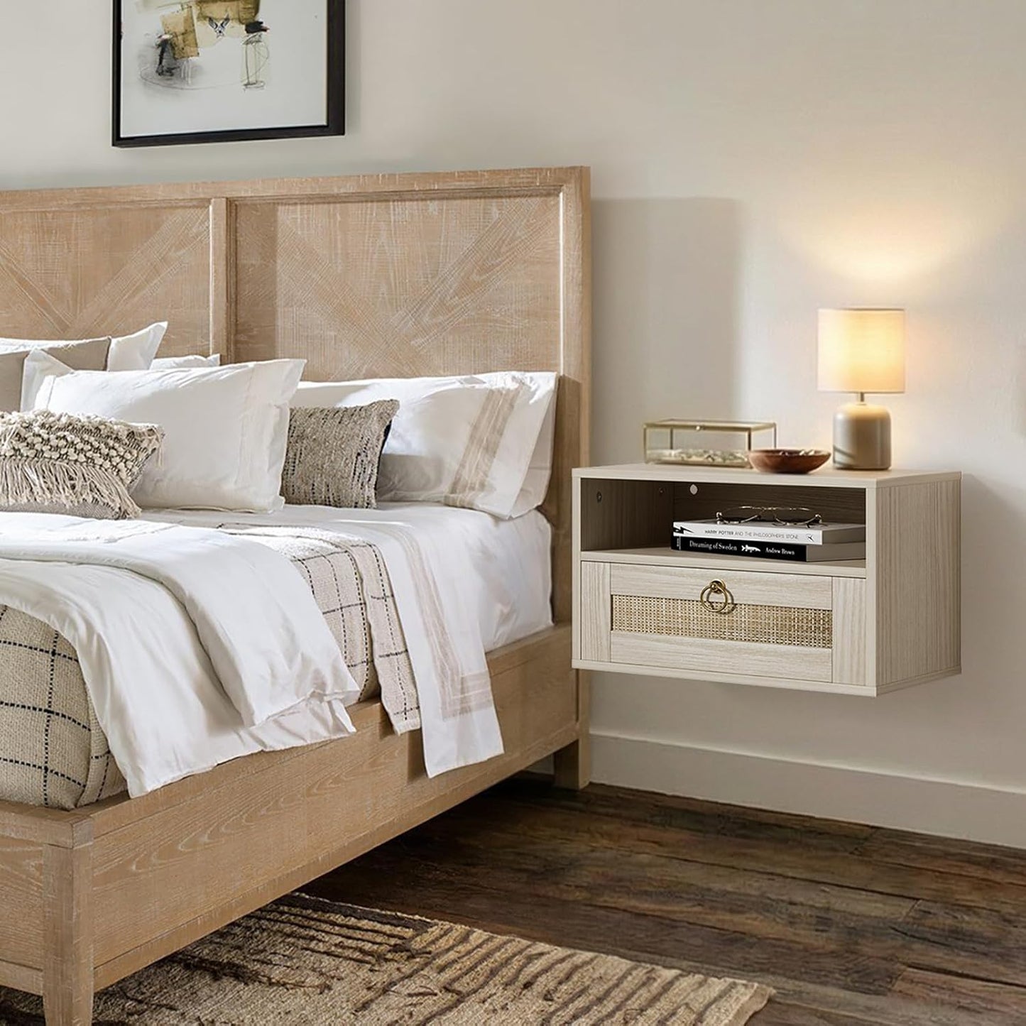 Floating Nightstand Set of 2 with Drawer for Wall Mounted Hanging Rattan Night Stand Bed Side Tables Wooden End Table Small Boho Dressers for Bedroom Farmhouse Shelves with Drawers