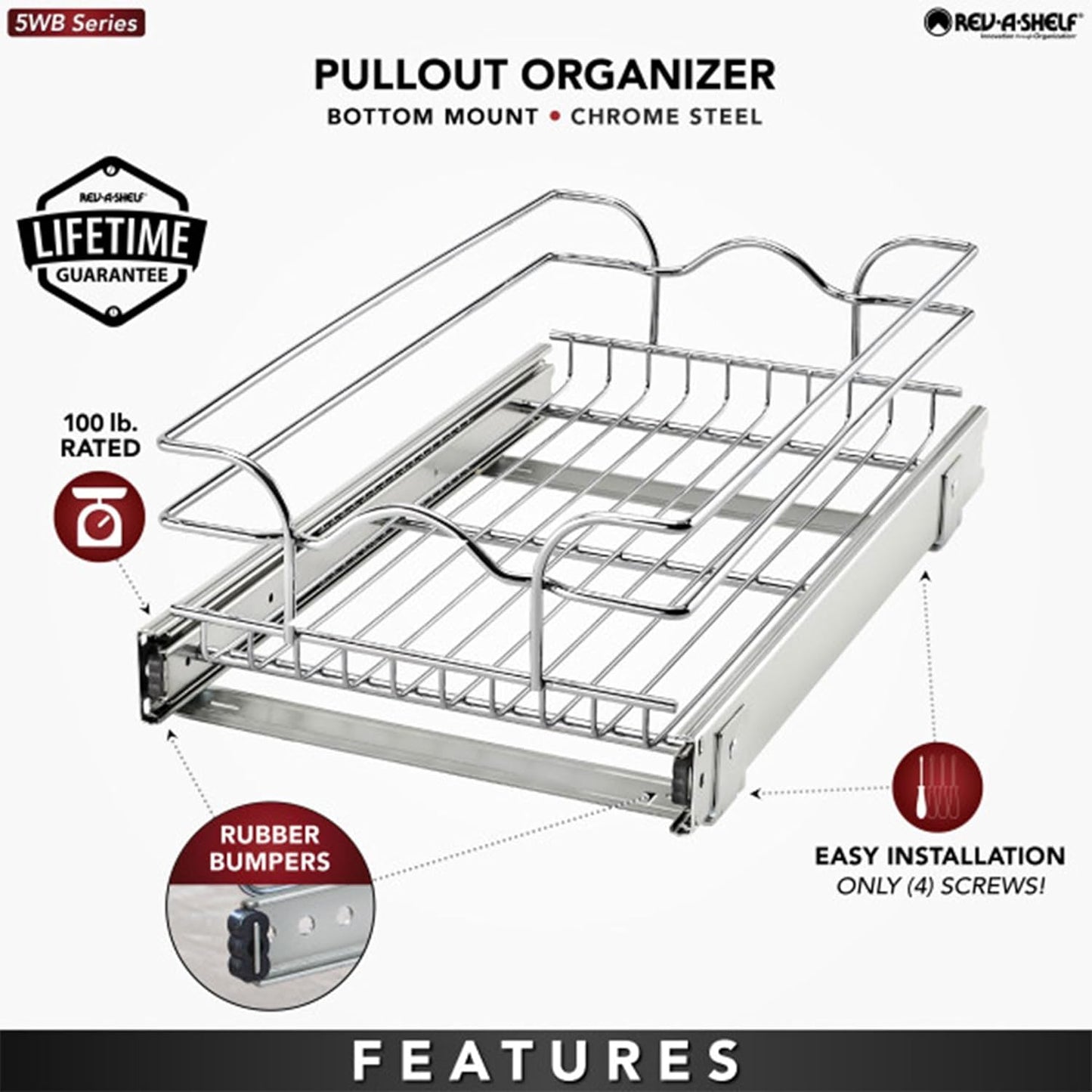 Rev-A-Shelf Kitchen Cabinet Pullout Shelf and Drawer Organizer Slide Out Pantry Storage Basket in Multiple Sizes, 12 x 20 In, 5WB1-1220CR-1