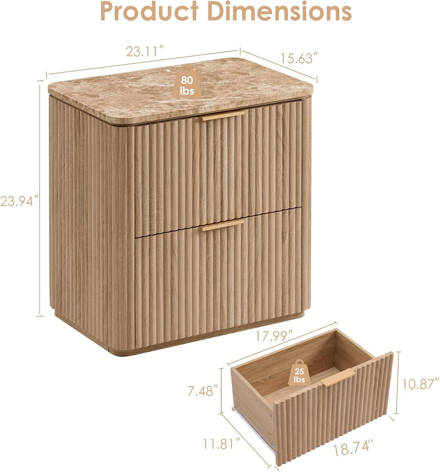 Fluted Nightstand with 2 Drawers, Bedside Table with Faux Marble-Top, Engineered Wood End Table with Curved Corners, Metal Handle, Modern Night Stand for Bedroom, Small Spaces, Natural Oak