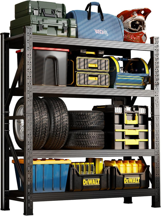 63" H Storage Garage Shelving Unit, 2500LBS Heavy Duty Metal Shelves Organization, Adjustable 4 Tier Utility Storage Shelf Rack for Industrial, Basement, Warehouse (Black, 19.7" D×31.5" W×63" H)