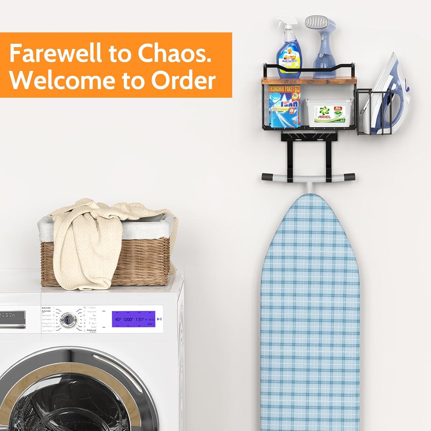 Ironing Board Hanger, T&Y Iron Board Holder Wall Mount with Ironing Caddy, Metal Ironing Board Holder Storage Organizer, Floating Wood Shelf for Laundry Room Decor Accessories Organization
