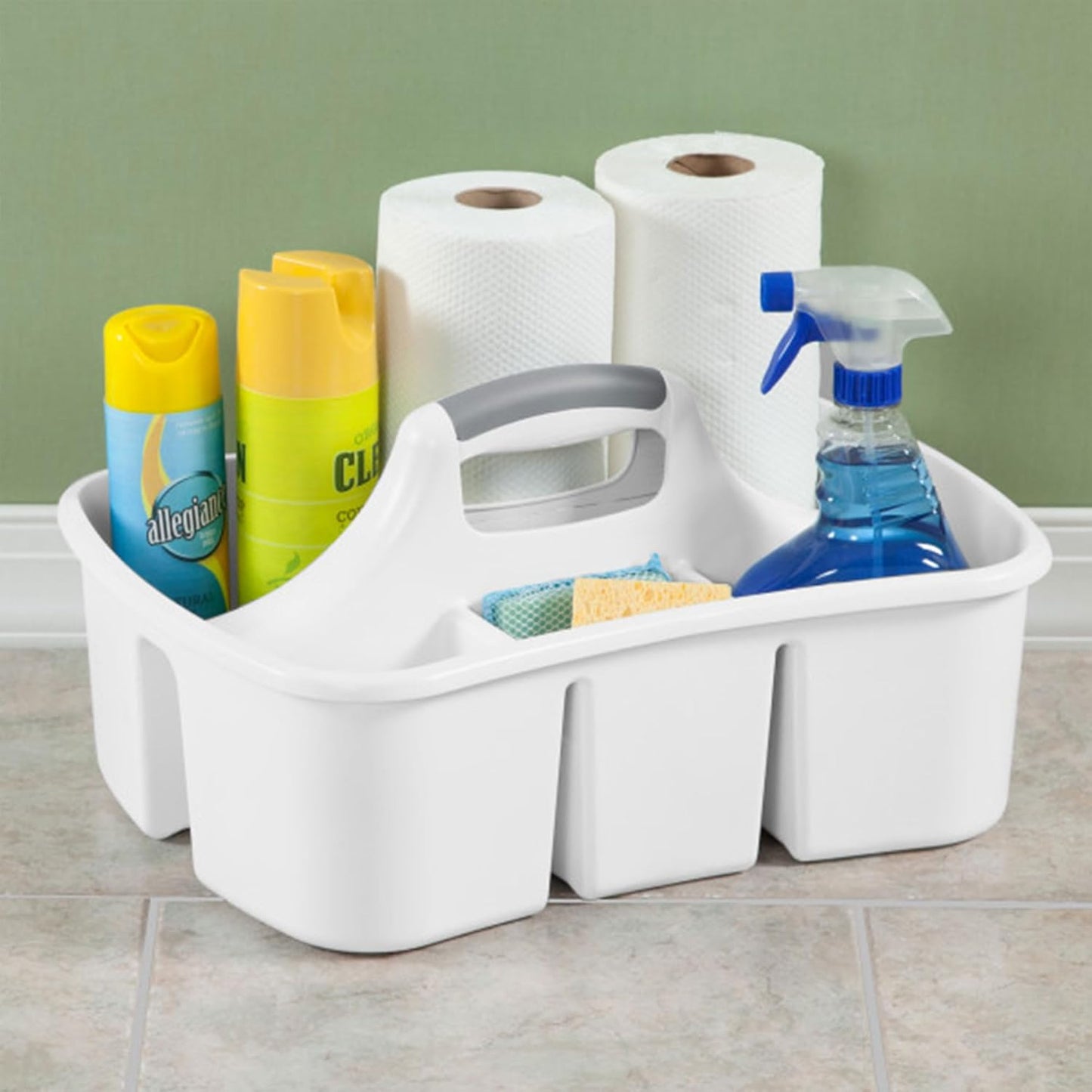 Sterilite Divided Ultra Caddy, Plastic, Portable Storage to Hold Bathroom and Cleaning Supplies, 5 Large Compartments and Handle, White, 18-Pack