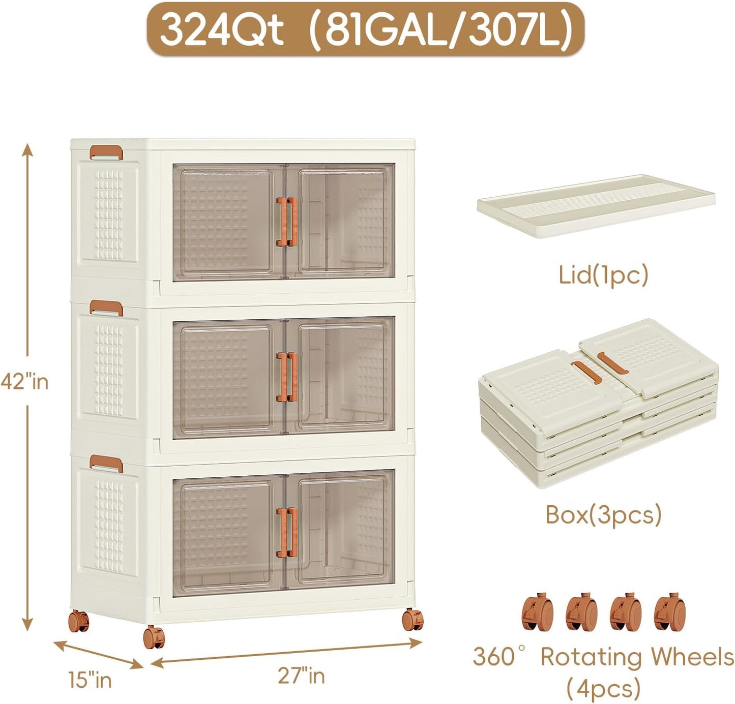 JEKO&JEKO 756 Qt Plastic Storage Bins with Lids, Doors & Wheels, 7 Pack Extra Large Stackable Collapsible Storage Cabinets and Closet Organizers for Home Office, Cream
