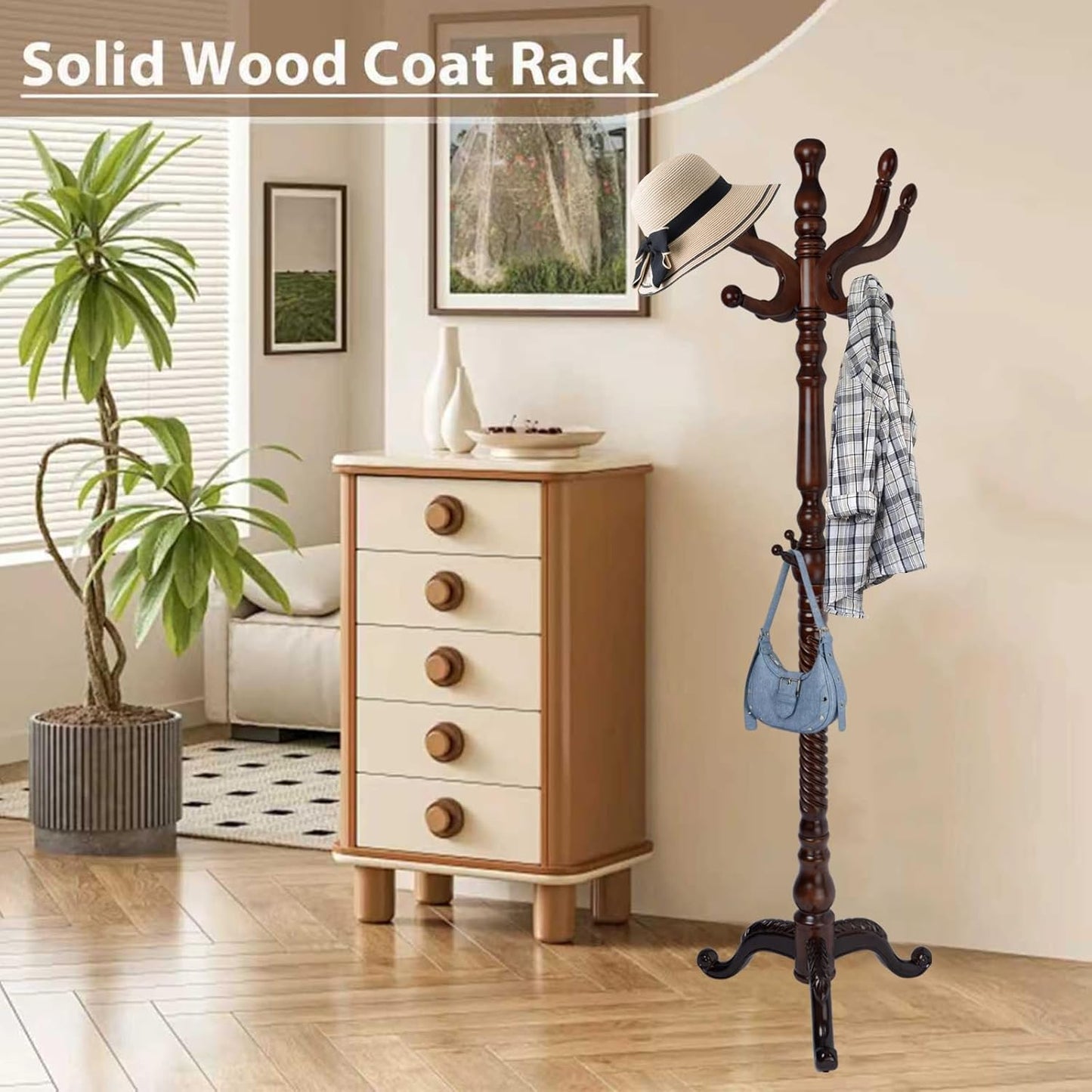 Solid Wooden Coat Rack Stand, Coat Racks Freestanding with 11 Hooks, Natural Birch Wood Coat stands with Triangle Base, Tree Coat Hanger Standing for Entryway Bedroom Office (Antique triangle)
