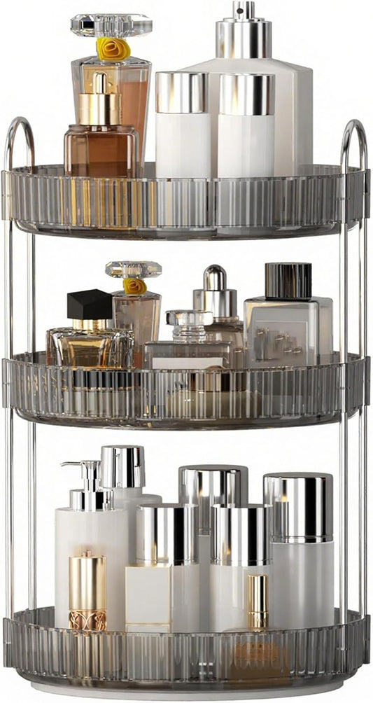 YCIA&DONE 360 Rotating Makeup Organizer and Storage for Vanity Countertop 3 Tiers, High Capacity Cosmetic Skincare Perfume Organizers for Dresser Bathroom Lazy Susan (Smoky Gray)