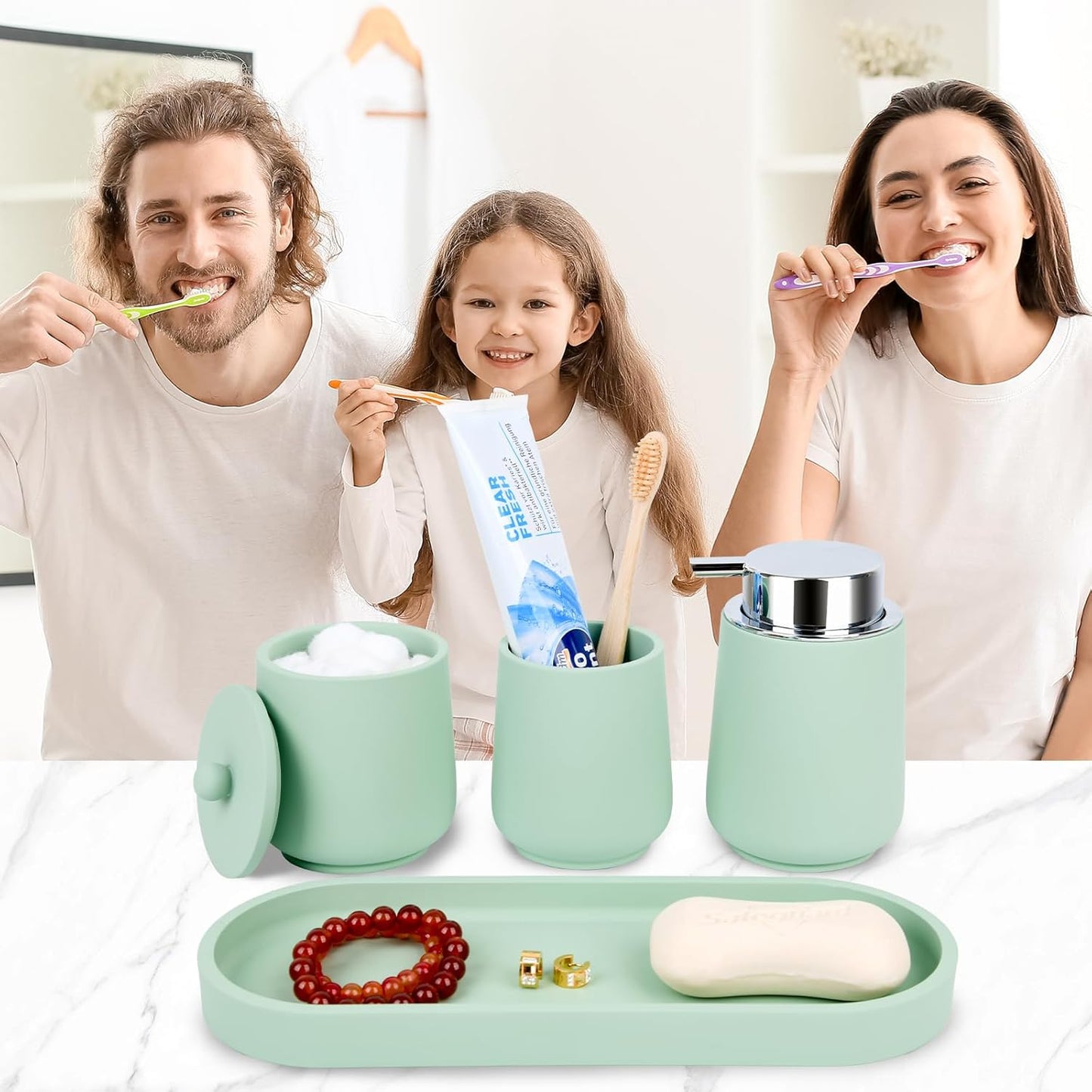 Green Bathroom Accessories Set - 4 Pcs Bathroom Accessory Set with Toothbrush Holder,Lotion Soap Dispenser,Qtip Holder Dispensr & Vanity Tray,Bathroom Countertop Vanity Oganizer - Green