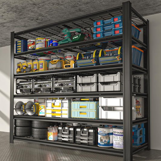 Extra Large/Big 55.12"W Father&I Industrial 6-Heavy-Dudy-Shelf-Rack Utility Tall Garage/Warehouse Shelving Metal/Steel Storage Shelves Unit/System Adjustable for Bin/Shed, 84"*55.12*24", Black
