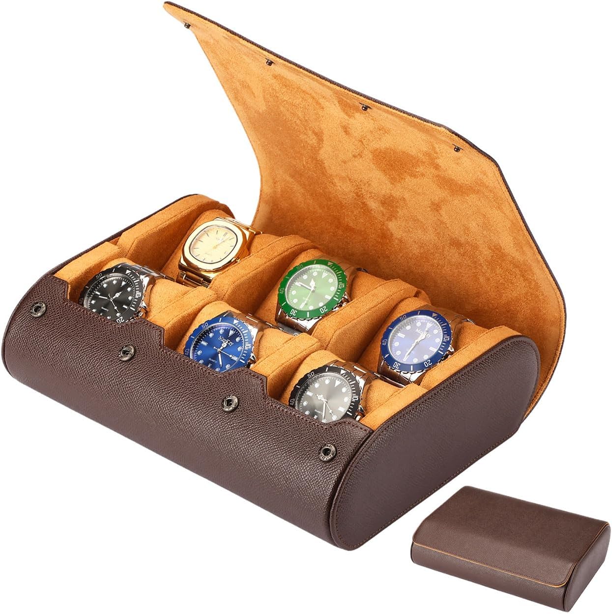 6-Slot Watch Box for Men & Women, Portable Travel Watch Roll Organizer with Soft Interior - Coffee Leather Watch Storage Case, Christmas Gift for Him/Her, Office & Business Travel Accessories