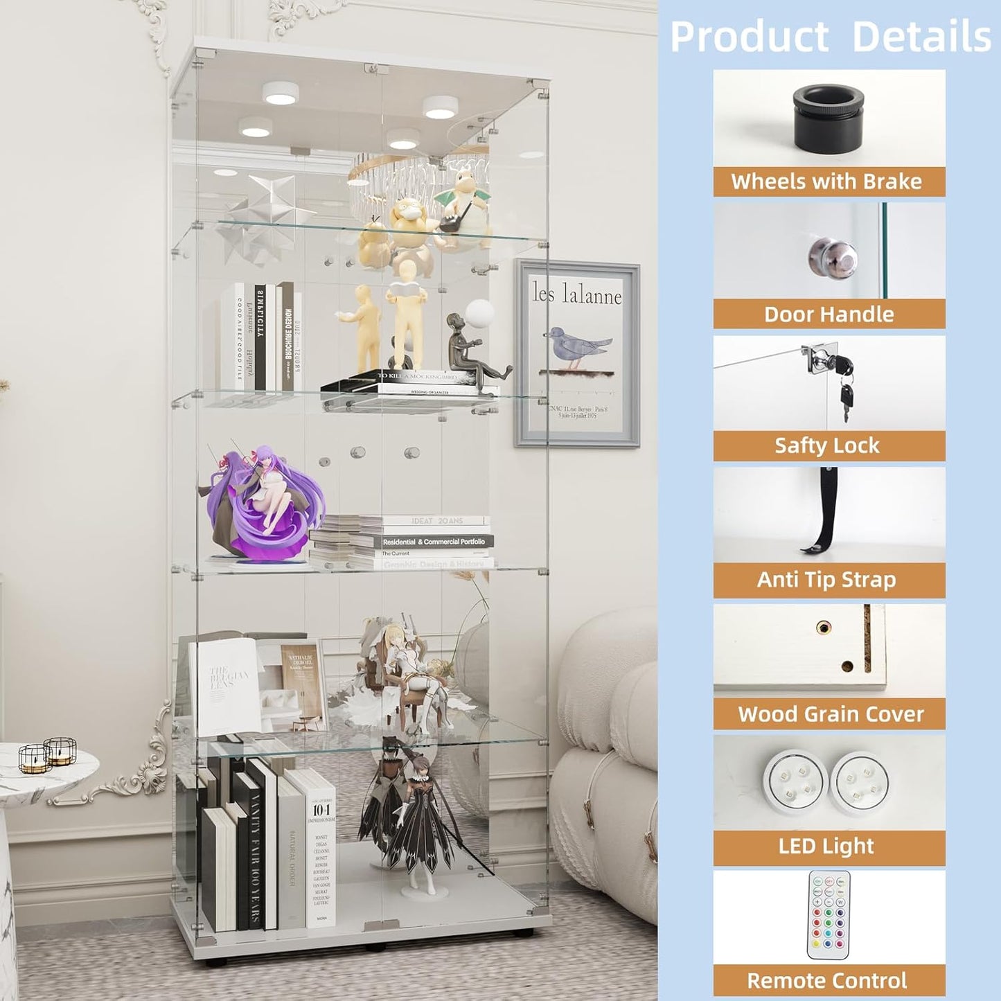Beauty4U Glass Display Cabinet with LED Lights and Mirror, 5 Shelves with 2 Doors, Curio Cabinets for Living Room, Bedroom, Office, White Floor Standing Glass Bookshelf, Quick Installation