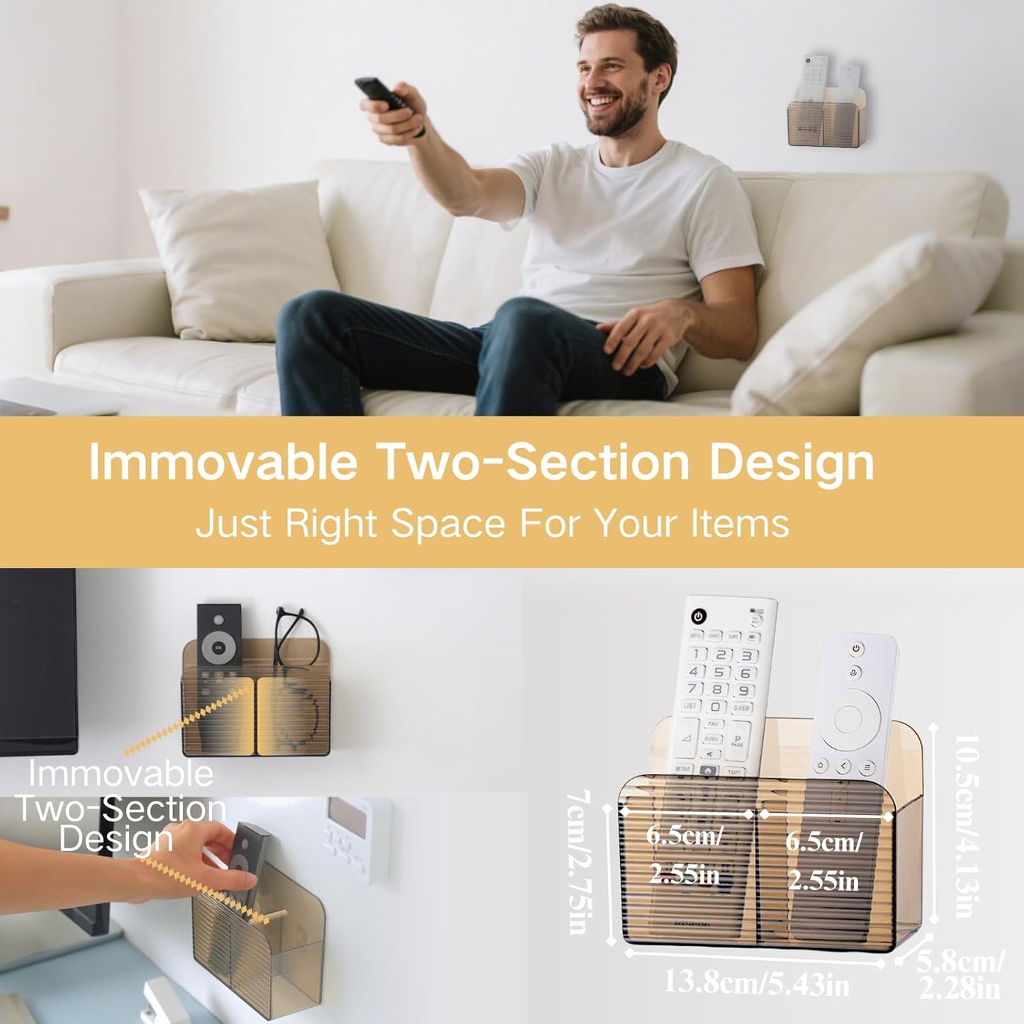 LINFIDITE 2 Pack Adhesive TV Remote Control Holder Wall Mount TV Remote Holder For Bedside Wall Remote Control Caddy Storage Organizer Stand Box （For 2 Or 4 Remote Controls – Clear Brown）