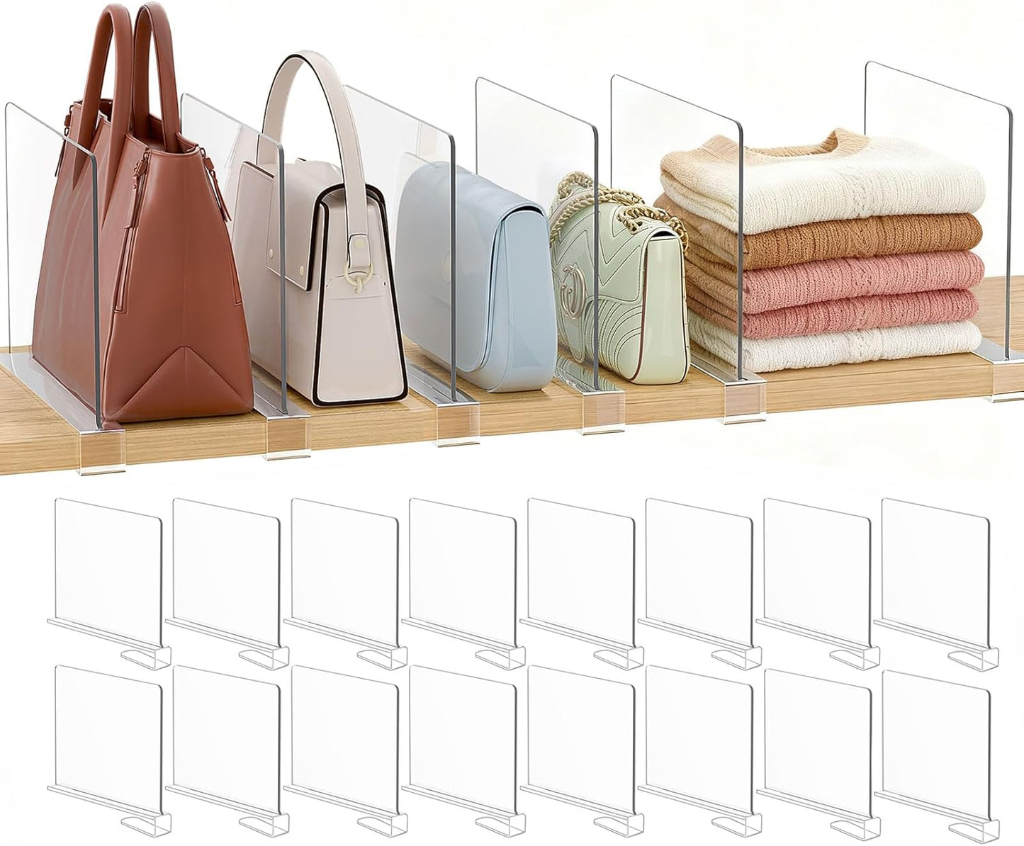 Purse Organizer for Closet Shelf Dividers: 16-Pack Adjustable Clear Acrylic Bag Storage Organizer for Handbags, Sweaters, Towels, Jeans and Shoes on Wood Shelves