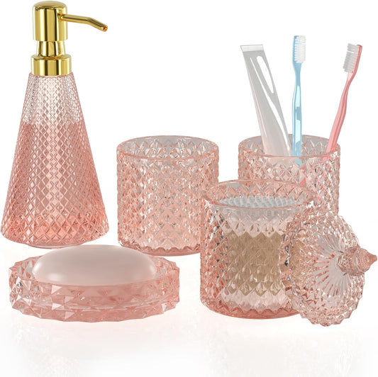 Pink Glass Bathroom Accessories Set 5 Pcs, Pink Bathroom Set, Soap Dispenser and Toothbrush Holder Set, Qtip Holder Set, Vintage Bathroom Sink Set, Cute Bathroom Decor