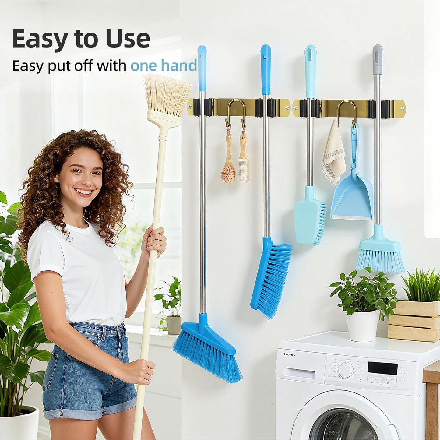 Broom Holder Wall Mount, 2-Pack Stainless Steel Mop and Broom Organizer, Broom Hanger with 2 Slots 2 Hooks for Home Kitchen, Garage, Garden and Laundry Room, Gold