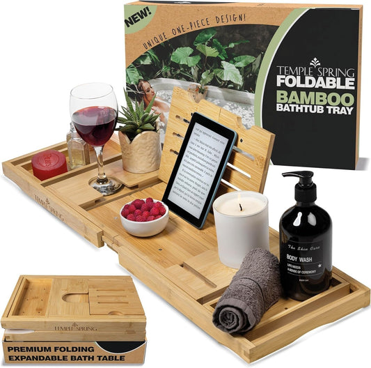 Temple Spring Foldable Bathtub Tray, Unique Design Selfcare Bathroom Caddy, Bamboo Spa Bathroom Tray, Wooden Bathtub Accessories, Wedding Gift/Birthday Gift/New Home Bath Table
