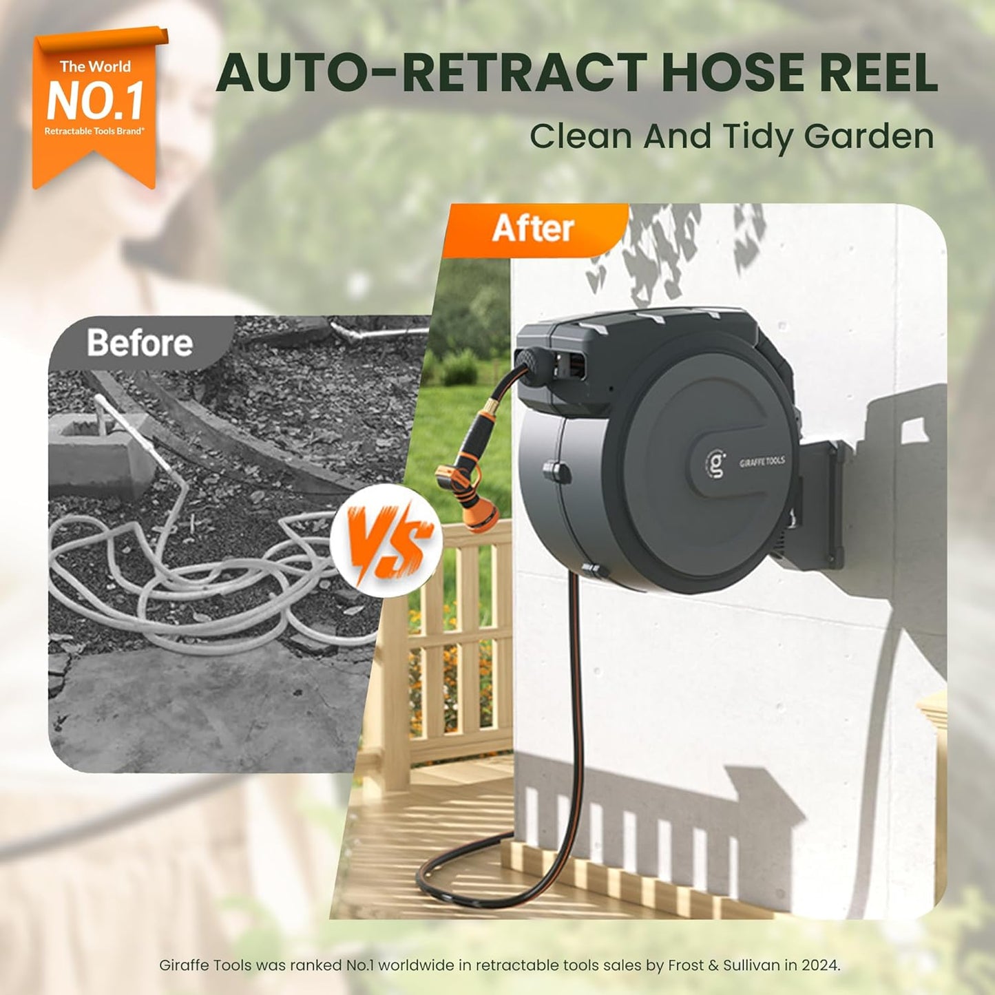 Giraffe Tools Retractable Garden Hose Reel 1/2 Inch x 100 ft, Super Heavy Duty, Any Length Lock, Slow Return System, Wall Mounted and 180 Deg Swivel Metal Bracket