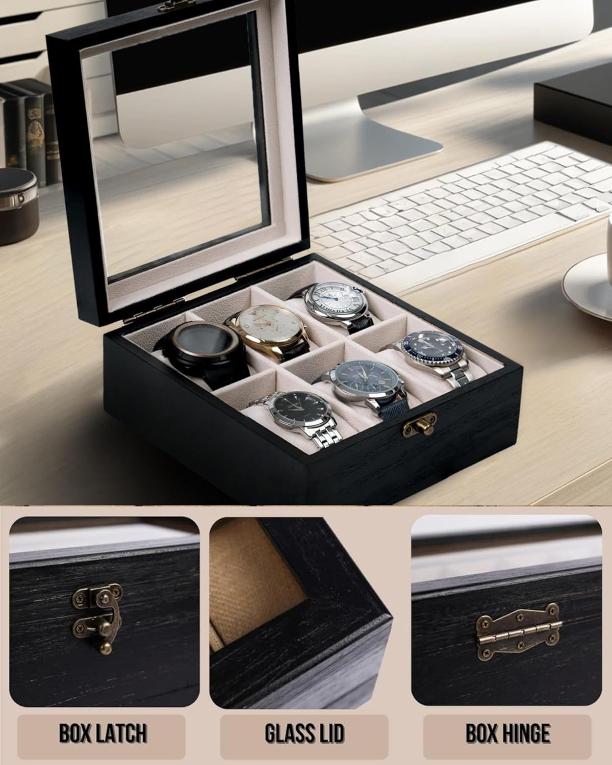 Watch Box, Watch Case for Men Women with Large Glass Lid, Wooden Watch Display Storage Box with 6 - Slots, Charcoal Black 6x2 Mens Watch Box Organizer