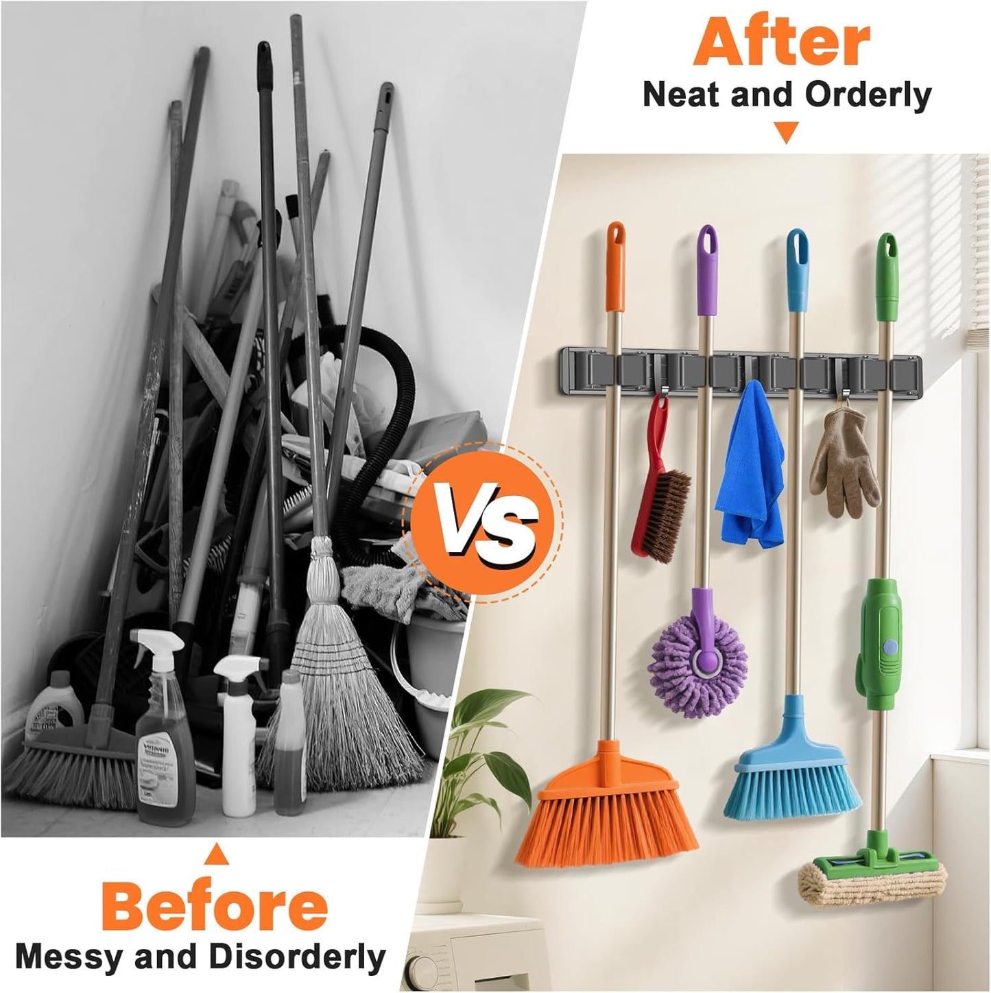 Broom Holder Wall Mount, Mop and Broom Hanger Wall Mount for Organizing and Storing Items in Household Kitchens, Gardens, Laundries (4 Racks & 3 Hooks, Grey)