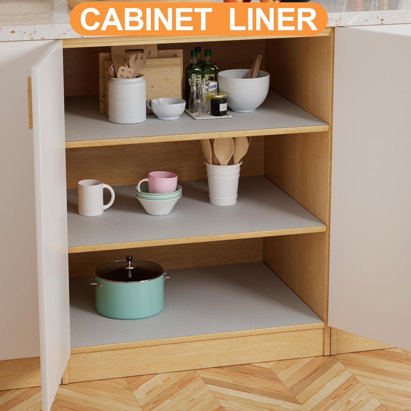 Cabinet Shelf Liner 17.7-inch Wide: Waterproof Kitchen Cabinets Liners Light Gray - 17.7 Inch x 25 FT Non-Adhesive Easy to Cut Drawer Mat for Pantry Shelves