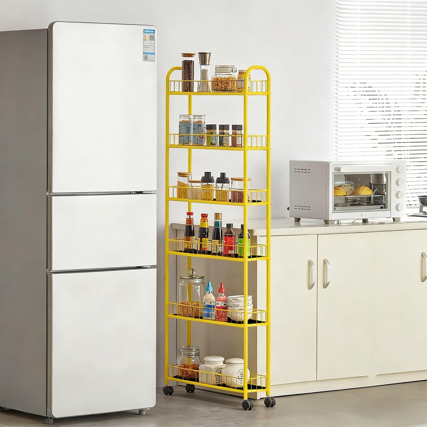 6-Tier Slim Storage Cart with Wheels,6in Narrow Rolling Shelf,Sturdy Slim Storage Ideal for Kitchen, Bathroom, and Laundry Room, Yellow