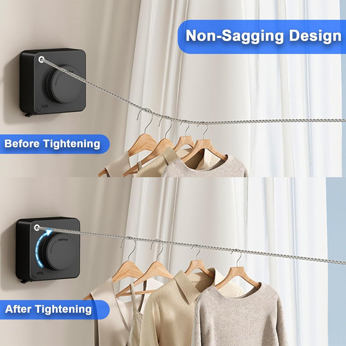 Retractable Clothesline Indoor & Outdoor, 15.6 Ft Non-Sagging Stainless Steel Laundry Line with Wall Mounted Heavy Duty Design, Space-Saving Drying Rack for Bathroom, Balcony(Square Black)