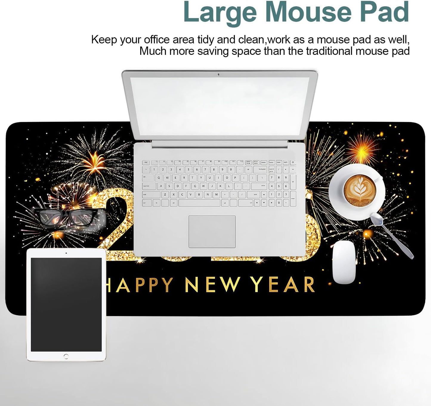 2026 Happy New Year Gaming Mouse Pad 35.4"x15.7"Desk Mat Anti-Slip Rubber Base & Durable Stitched Edges for Gamers Smooth Mouse Writing Surface for Desk Office/Home
