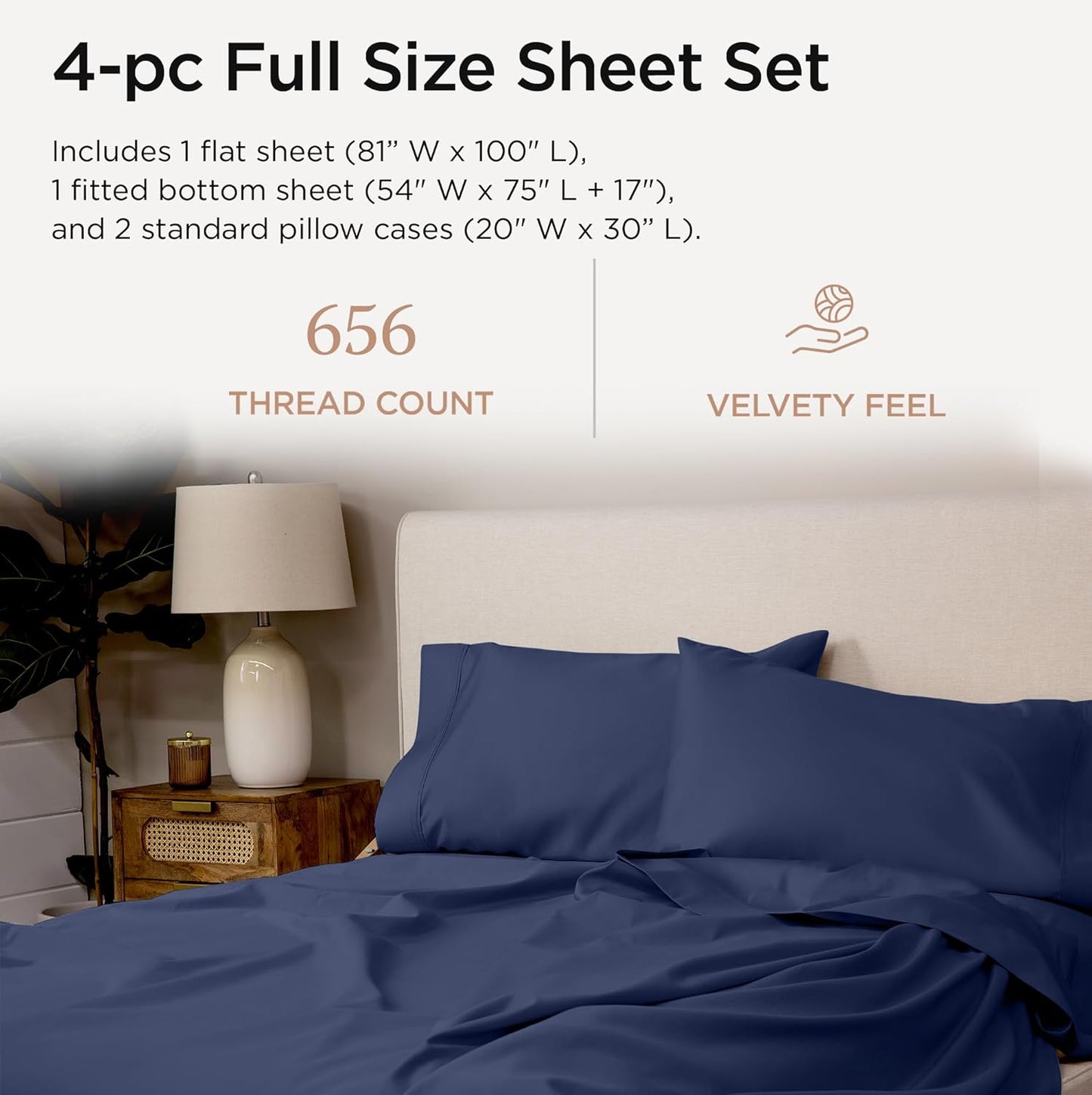 Threadmill Luxury Full Size Sheets | 656 Thread Count Certified Supima Cotton Sheets for Full Size Mattress | 5-Star Hotel Quality 4 Piece Bed Sheet with Extra Deep Pocket | Folkstone Blue Sheet