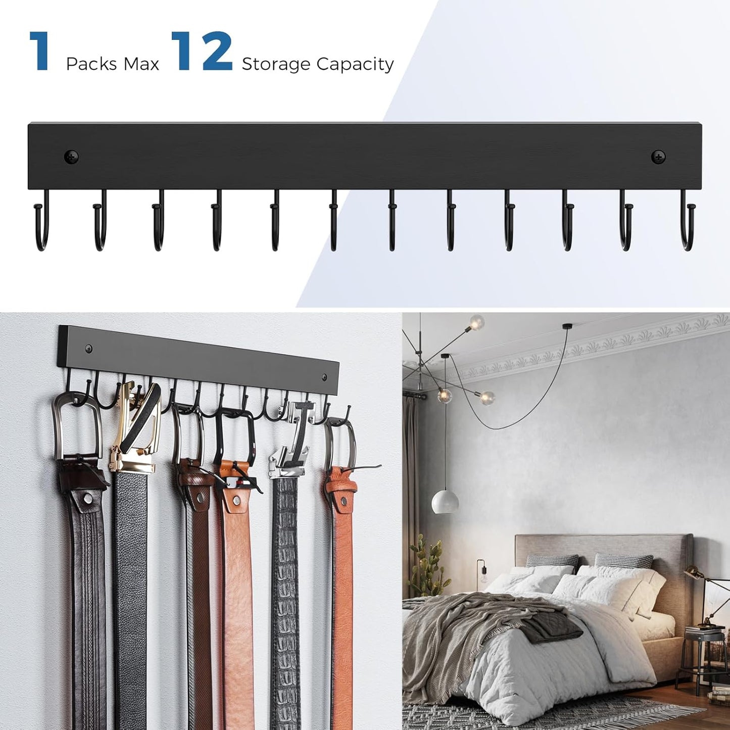 Belt Hanger Wall Mounted, Wooden Belt Organizer Max 12 Storage Capacity, 180° Rotating Space Saving Hangers for Ties, Tank Tops, Scarves, Bras, Keys, Bags 1 Pcs Black
