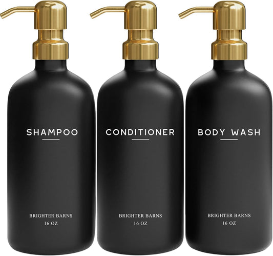 Luxury Shampoo and Conditioner Dispenser Set by Brighter Barns - Black and Gold Shower Soap Dispenser Set - Refillable Body Wash & Shampoo Bottles - Luxury Bathroom Decor for Spa, Airbnb (Black Gold)