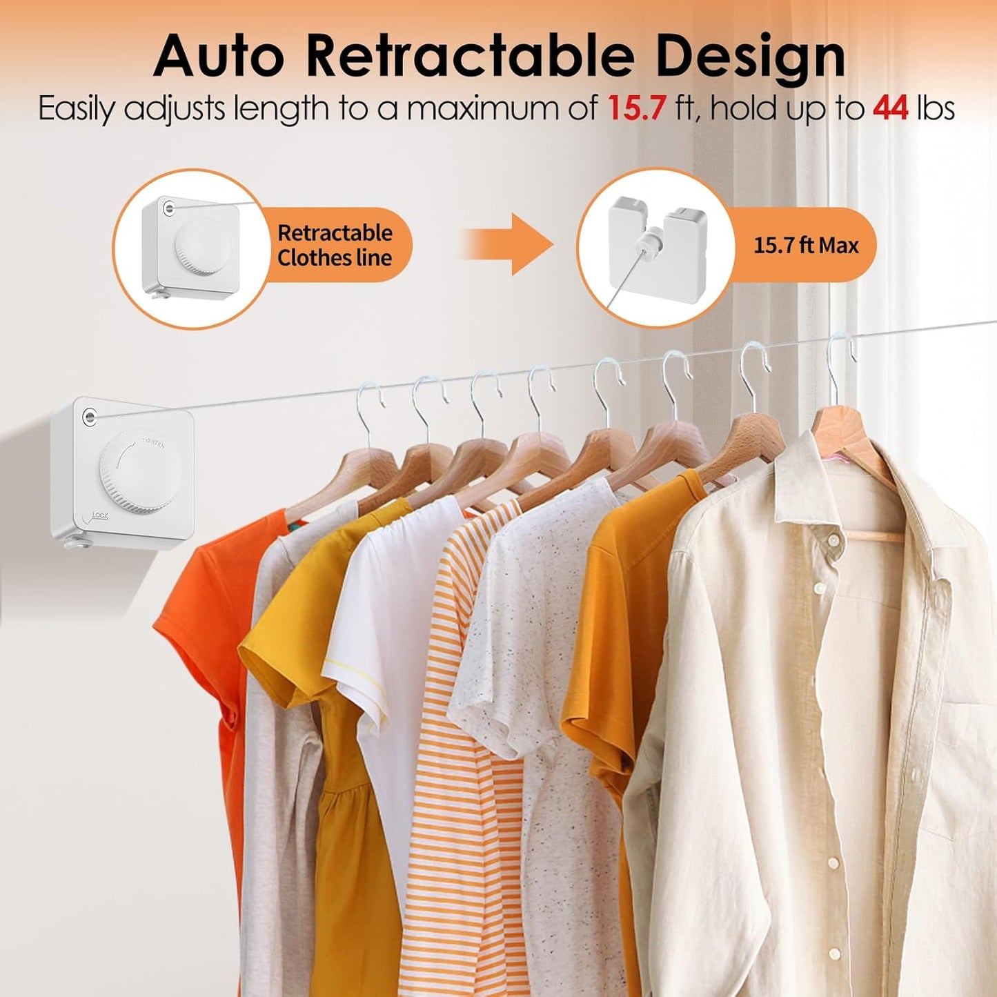 Yejay Retractable Clothesline Indoor, Non-Sagging Clothes Line Retracting Outdoors,Wall Mounted Heavy Duty Clothes Drying Line, Space-Saving Laundry Line for Balcony, Bathroom - 15.7Ft (White)