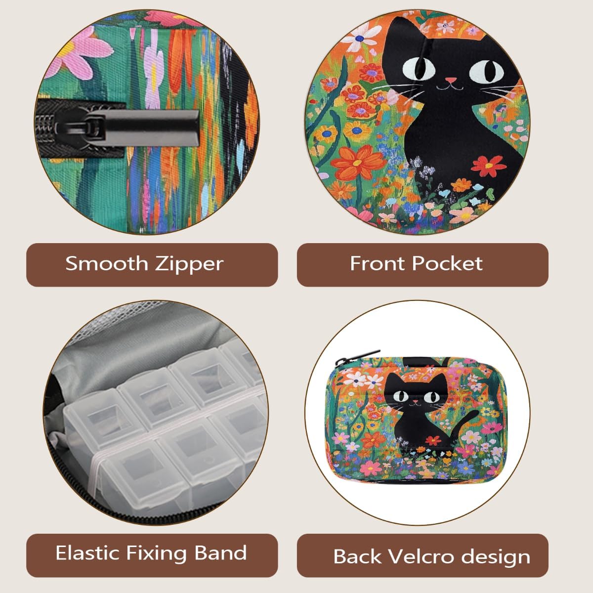 Cute Black Cat Flowers Pill Organizer Travel Medicine Case with Zipper Daily Vitamin Storage Bag Portable 8 Slot Weekly Pill Box Supplement Holder for Home Office Gym Travel