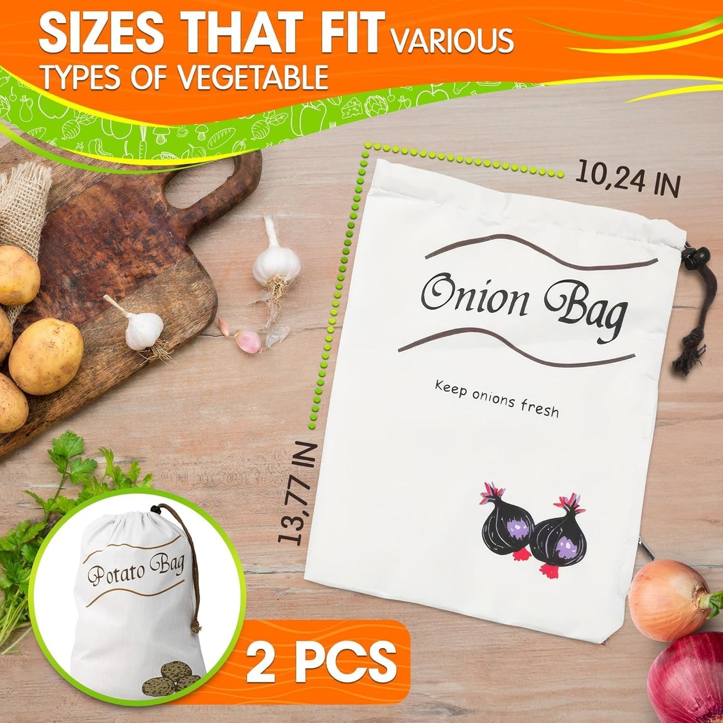 2Pcs Potato and Onion Storage Bags – Reusable Cotton Produce Bags with Black Lining and Side Zipper, Washable, Breathable & Light-Blocking Design for Storing Potatoes, Onions, Garlic & Root Vegetables