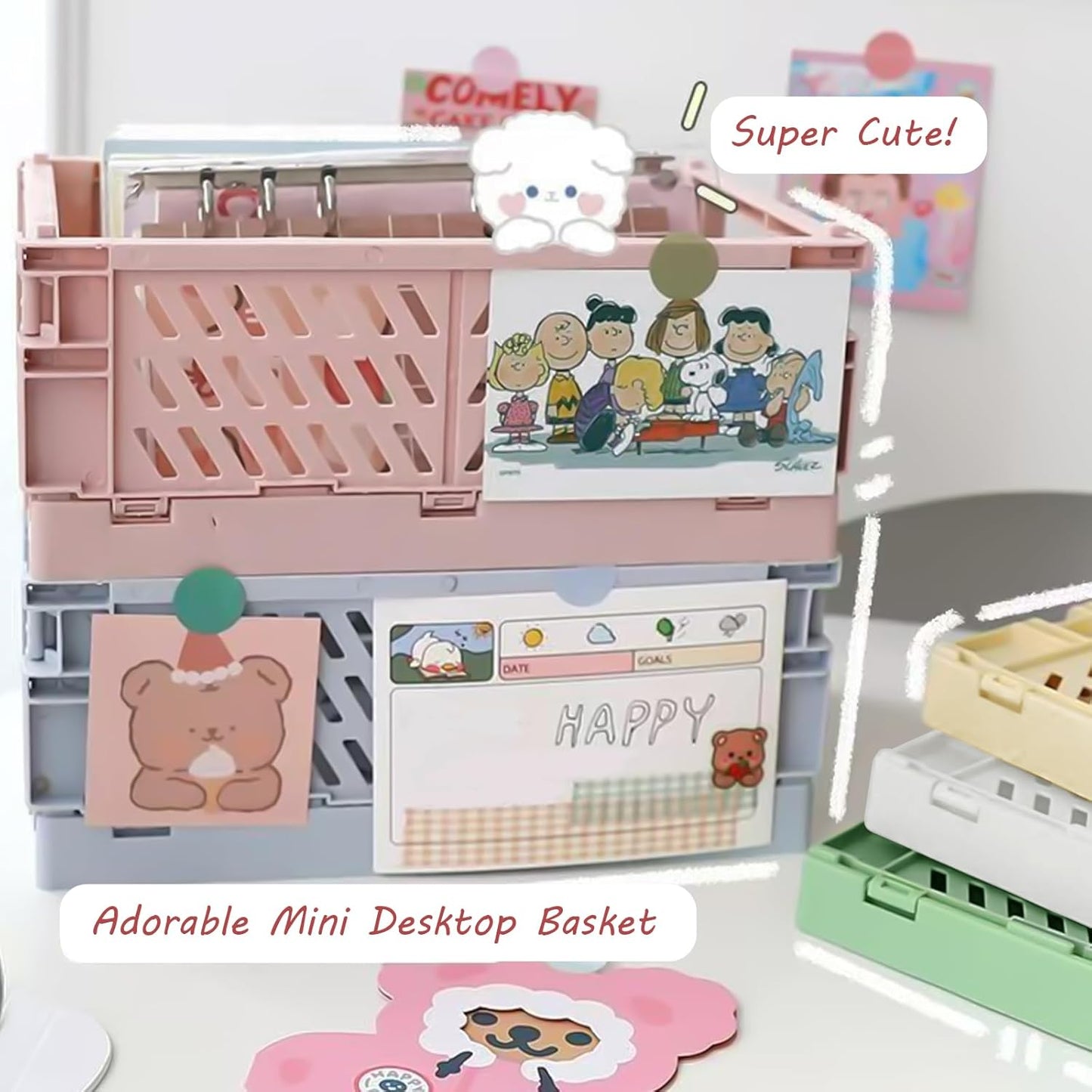 Small Pastel Plastic Storage Bins 2Pcs Foldable Pastel Crates Plastic Basket Colorful Storage Containers Baskets for Classroom Kitchen Office Bedroom Desktop Home Decor (Pink 5.8" x 3.8" x 2.2")