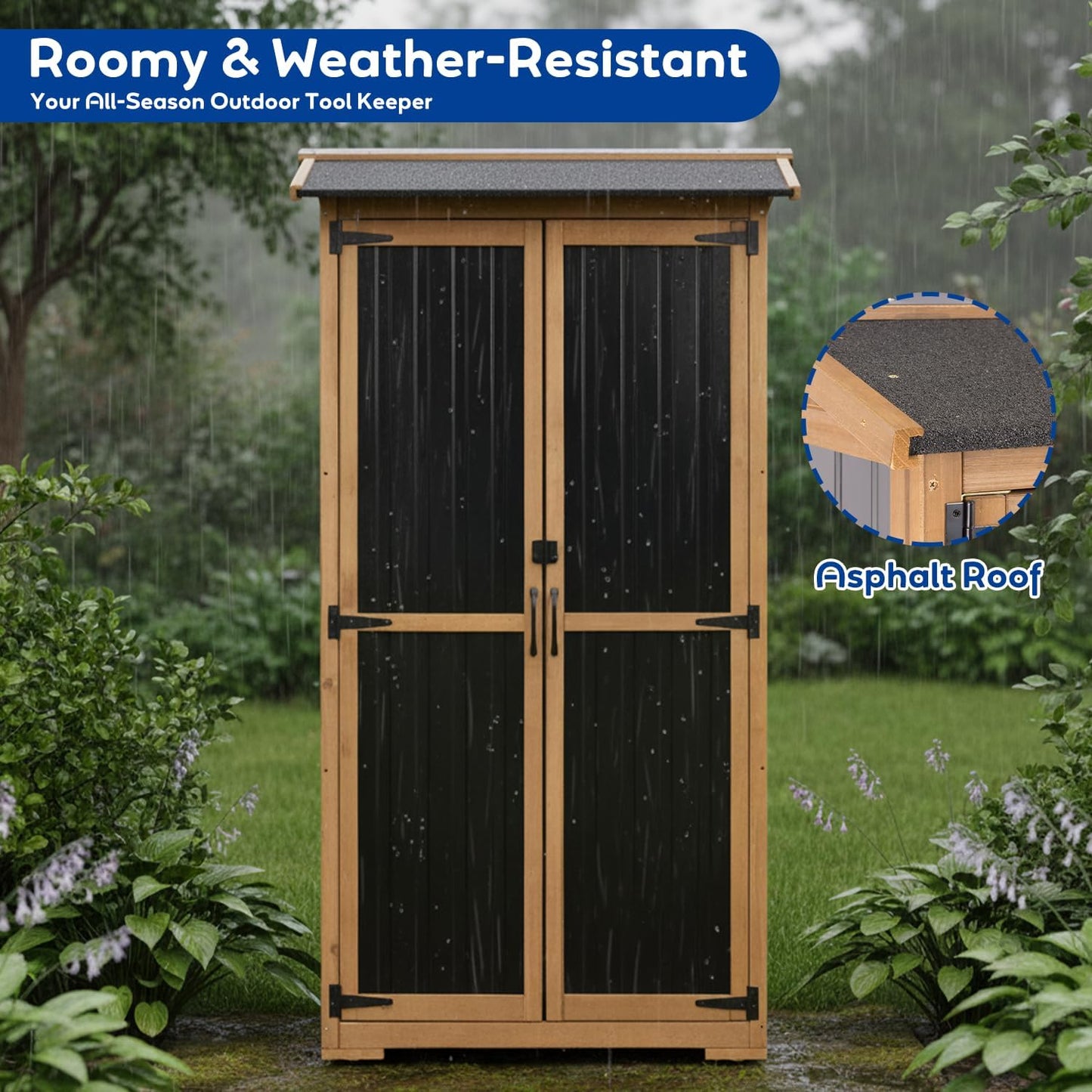 Storage Cabinet Outdoor Garage Cabinets with 3 Adjustable Shelves, Lockable Door, Wood & Metal Weather-Resistant Pantry Cabinet for Patio Garden Home Farm (33.3" Lx 21" Wx 69" H)
