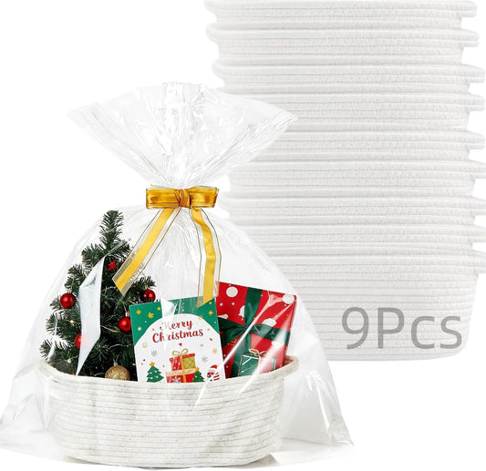 9Pcs Small Woven Basket with Gift Bags and Ribbons, White Cute Cotton Rope Empty Gift Decorative Chest Box, for Baby Nursery Room Shelf Storage, Toy Pet Organizer Basket to Fill, All 12 x 8 x 5 "