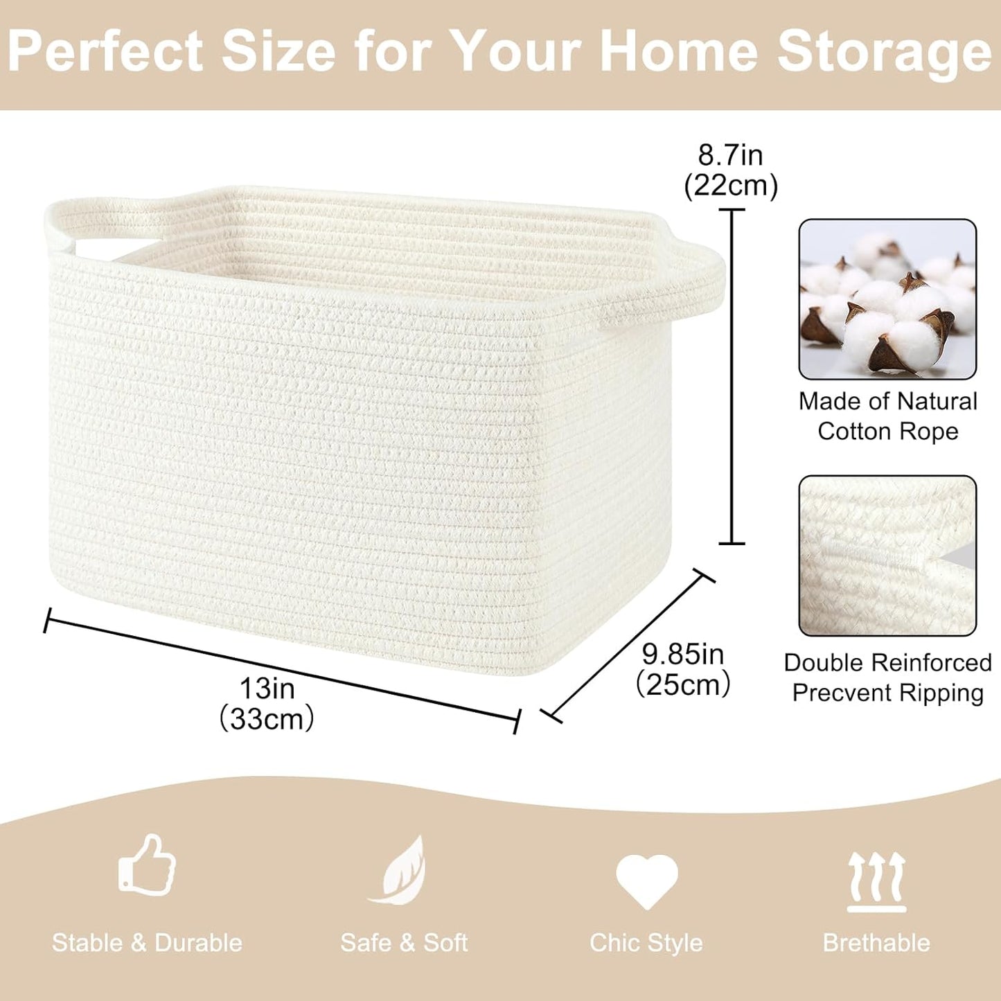 Storage Baskets for Organizing, Woven Baskets for Shelves, Rectangle Decorative Organizer for Storage Clothes, Toy, Books, Towels Nursery Bins 3 Pack (White, 13"x9.85"x8.7")