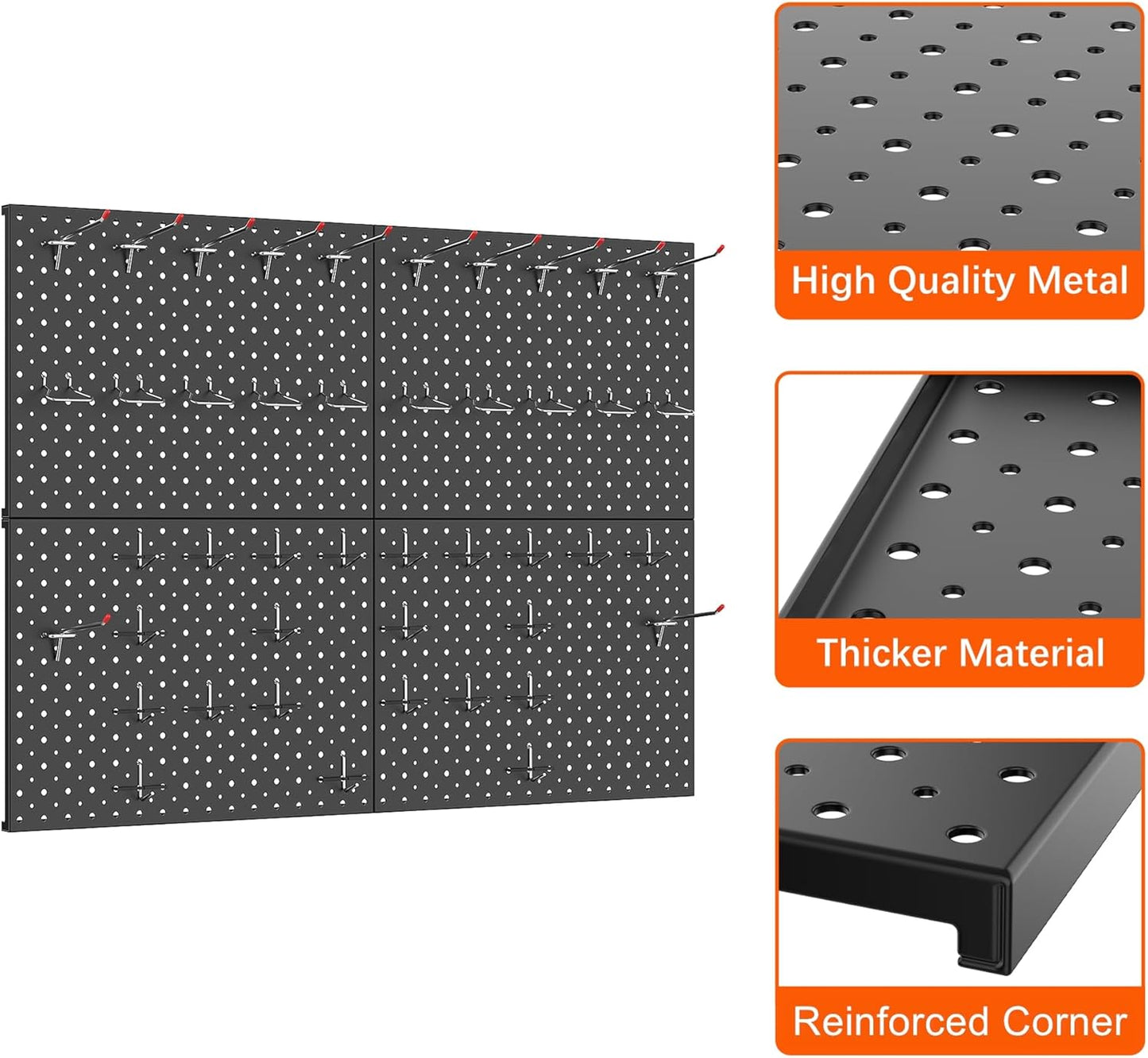TORACK 4 PCS 12"x16" Metal Pegboard Panels for Garage, Workbench, Shop, Tool Organizer Peg Board with 1/8" & 1/4" Holes, Modular Wall-Mounted Pegboard for Pegboard Hooks (Black)