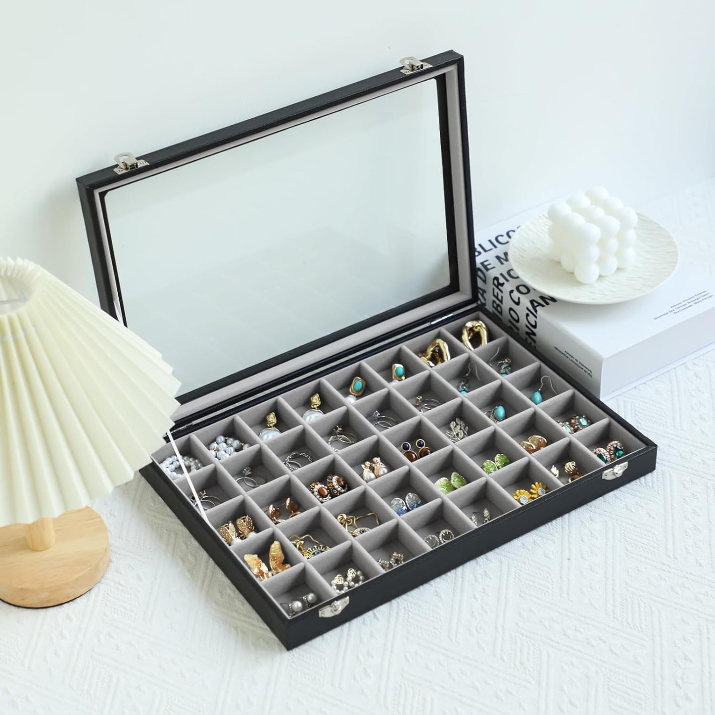 Stratalife Jewelry Organizer 40 Grid Gray Black Jewelry Tray with Clear Dust-proof Lid Velvet Earring Organizer Necklace Rings Holder Display Drawer Storage Case for Women