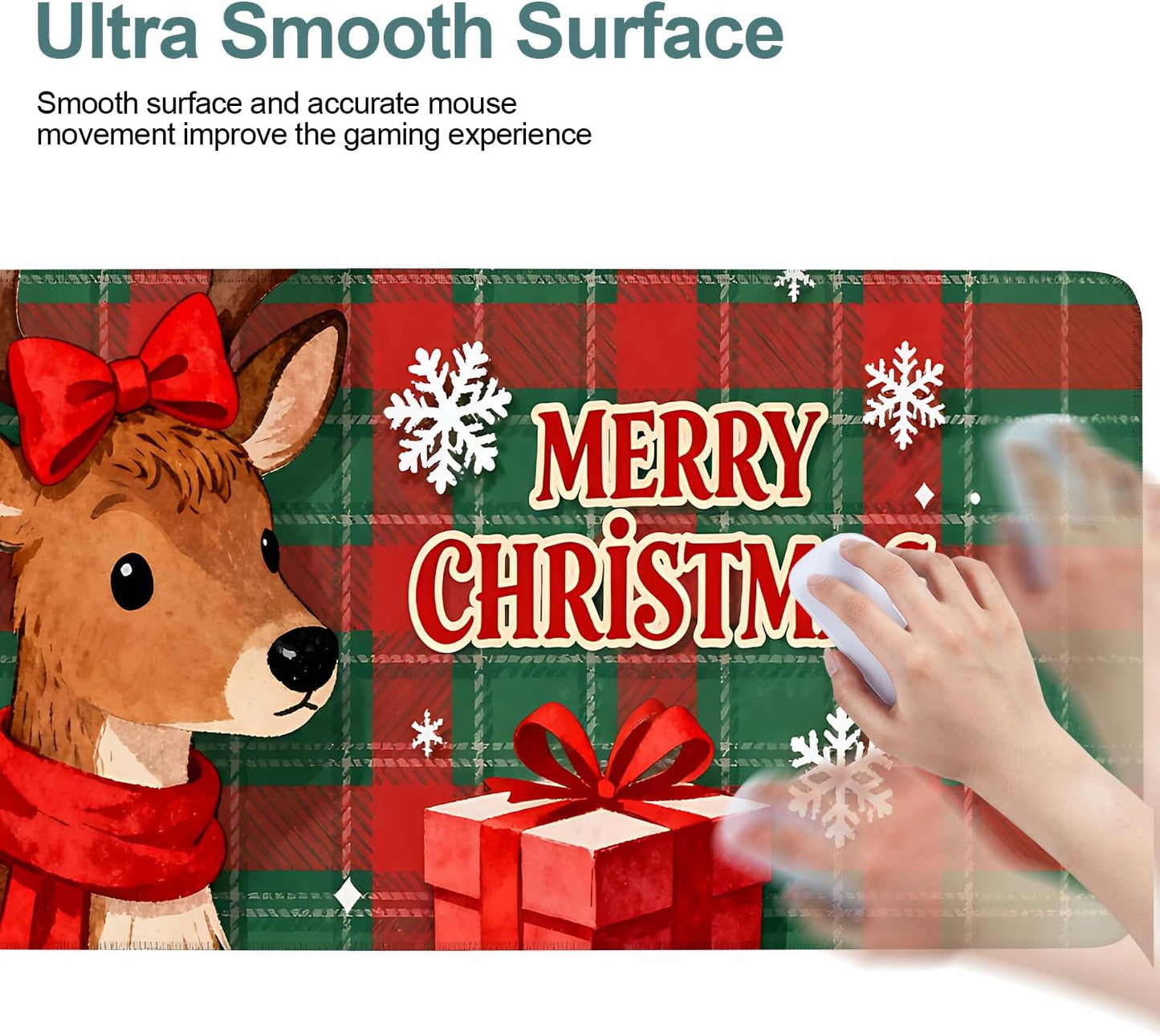 Merry Christmas-Elk Gaming Mouse Pad 31.5"x11.8"Desk Mat Anti-Slip Rubber Base & Durable Stitched Edges for Gamers Smooth Mouse Writing Surface for Desk Office/Home