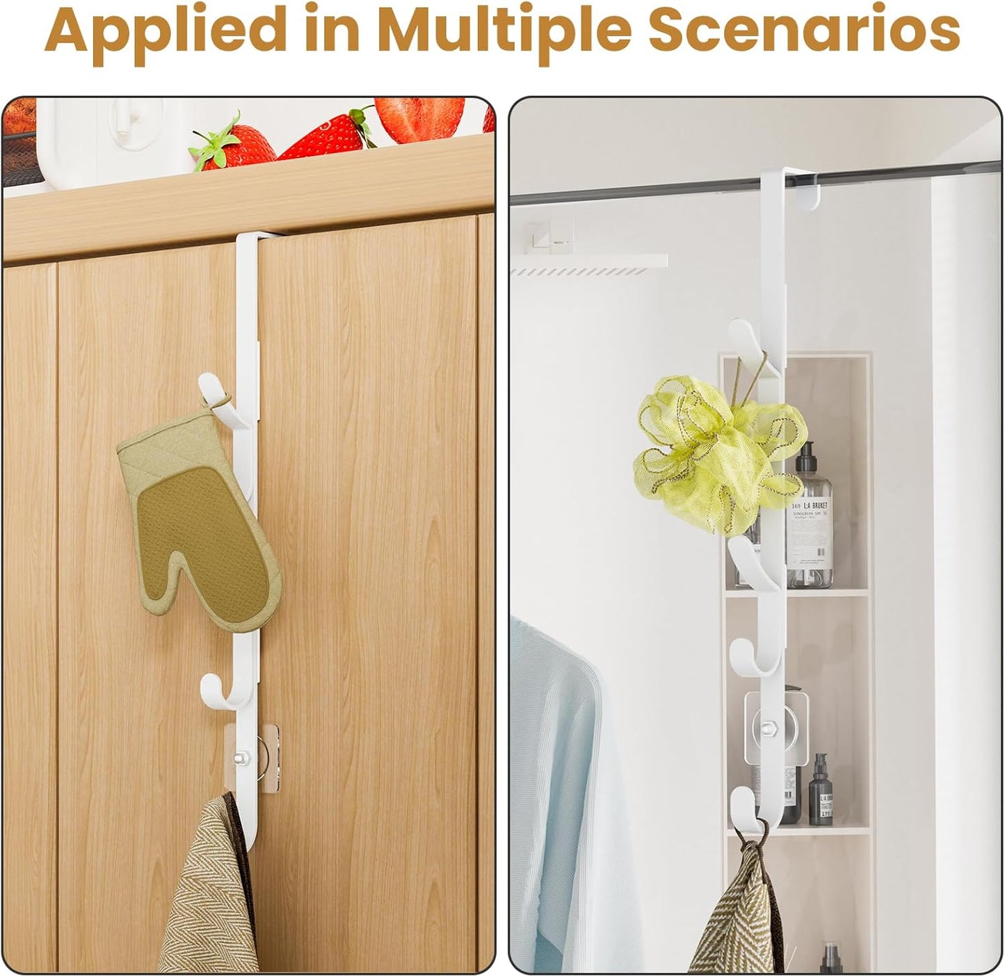 Over The Door Hooks, Metal Door Hooks for Hanging, Over The Door Purse Organizer for Door Coat Hanger, Back of Shower for Hanging Towel Rack Clothes, Hat, Bathroom, Closet (White-2Packs)
