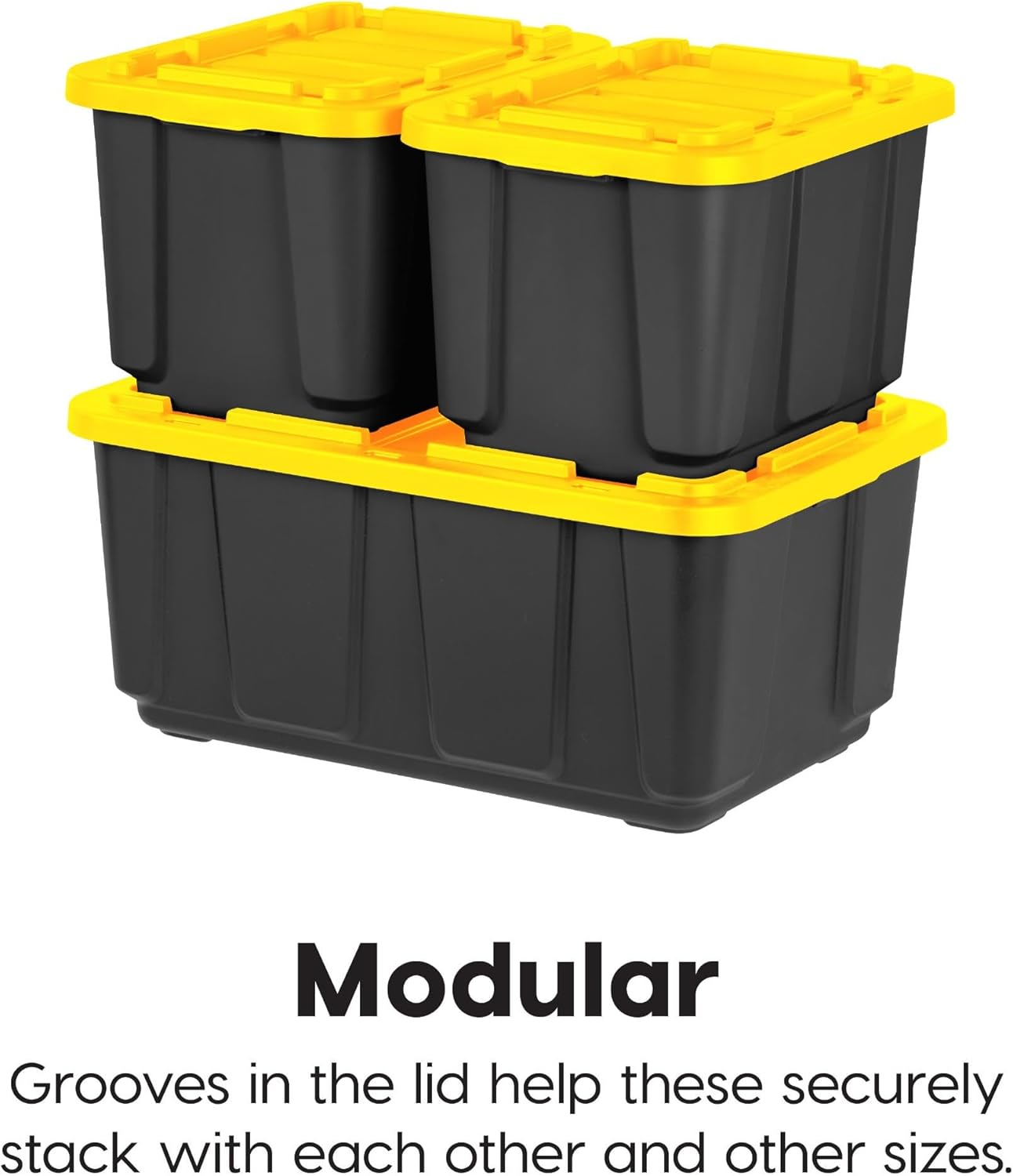 IRIS USA 12 Gallon Heavy Duty Truck Bed Toolbox Storage Tote Bins with Lids, 4 Pack - Made in USA, Tough Snap On Lockable Lid Stackable Industrial Rugged Tubs, Garage Organization Box - Black/Yellow