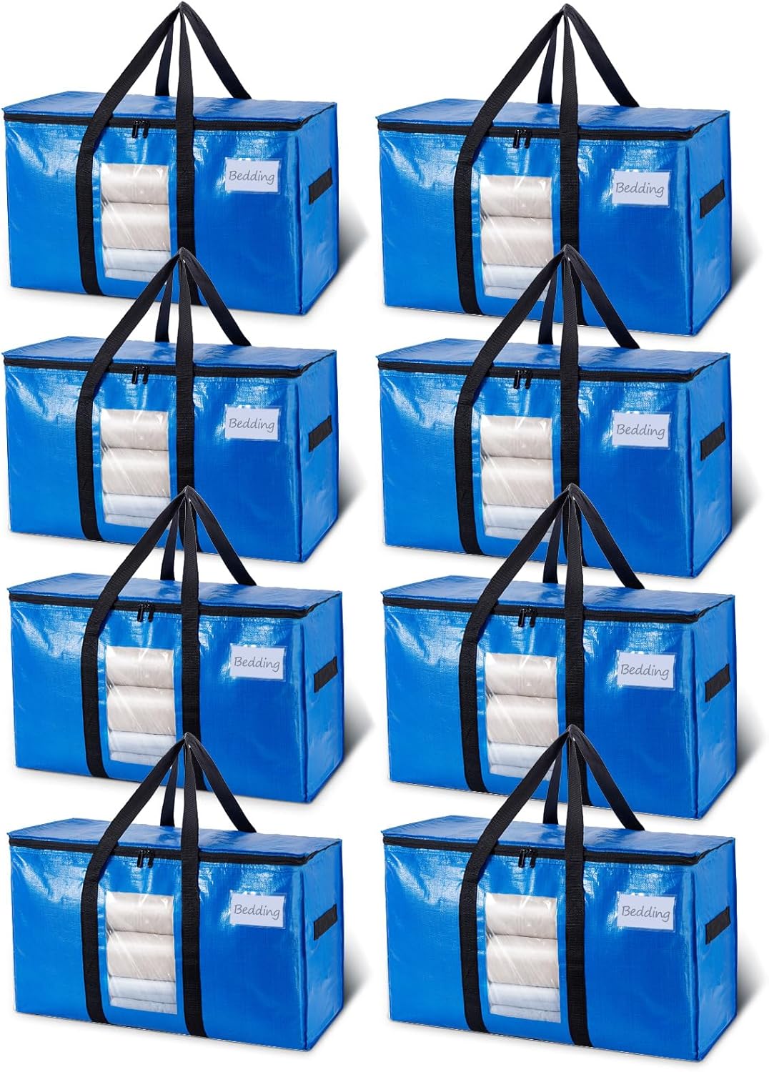 TAILI Extra Large Moving Bags, 8 Pack Blue Heavy Duty Totes for Storage with Visible Window, Wrap Around Handles, Storage Bags for Space Saving, Alternative to Moving Boxes